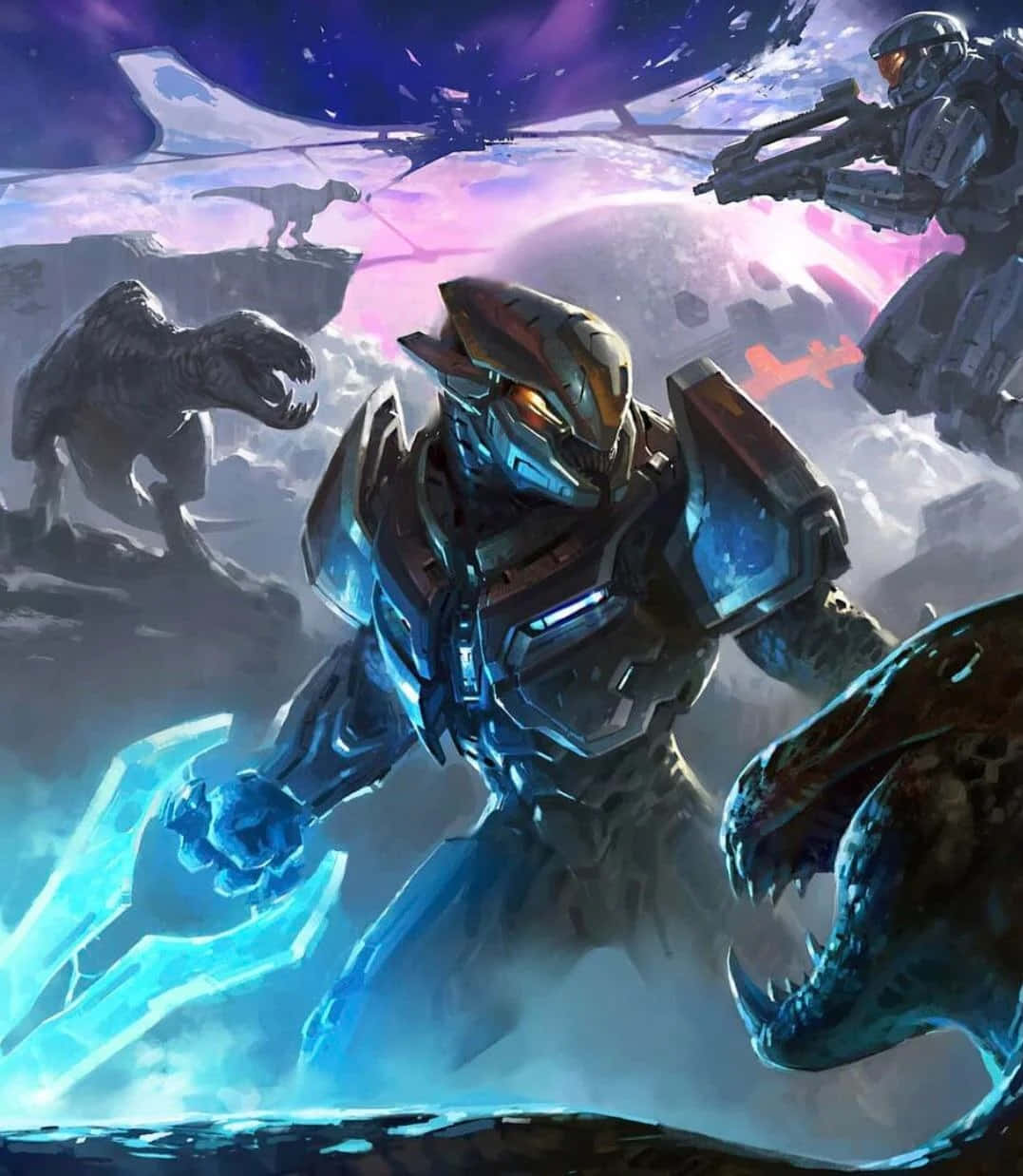 Sangheili 桌布 壁紙 — 一名身穿發光藍色盔甲嘅未來士兵喺紫色天空下嘅迷霧外星行星上與恐龍戰鬥。