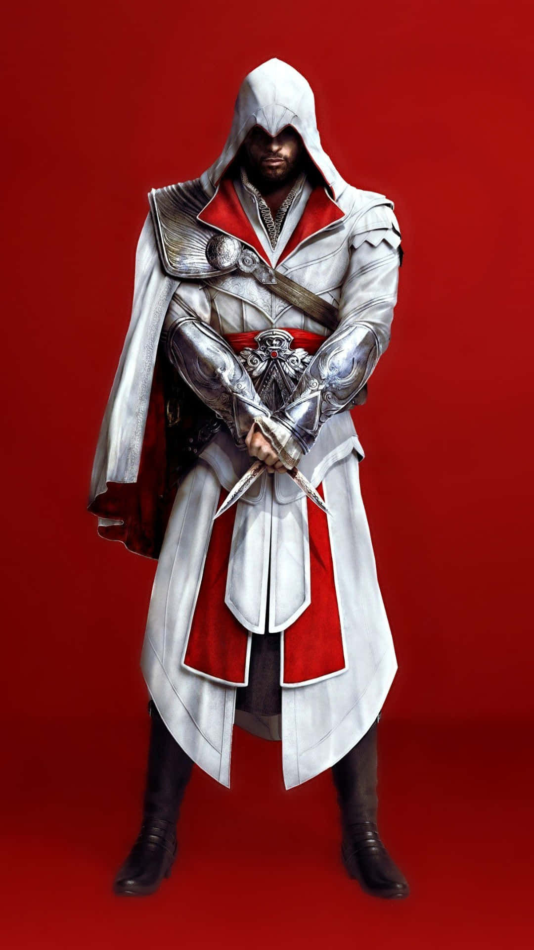 Ezio Auditore 桌布 壁紙 — 一名身穿白紅長袍的蒙面刺客，在鮮紅背景下手持隱藏刀刃蓄勢待發。