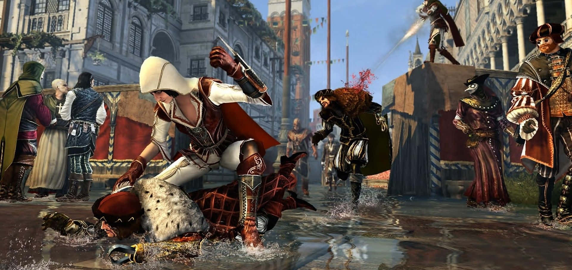 Assassin's Creed Brotherhood 桌布 壁紙 — 一名身穿白色和紅色戰鬥裝備的蒙面刺客，在混亂的中世紀市場鬥毆中，與敵人在泥濘的街道上搏鬥。