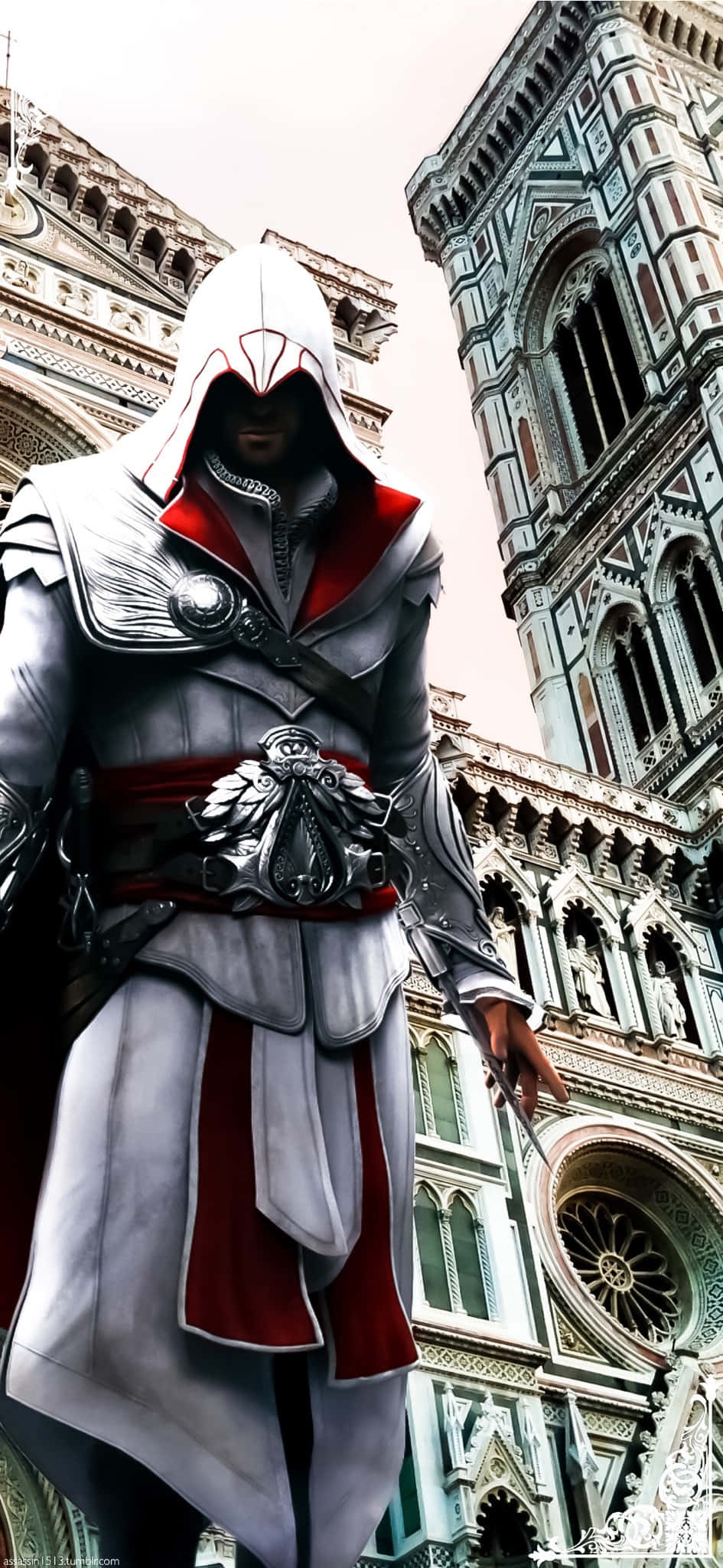 Ezio Auditore 桌布 壁紙 — 一名身穿白色和紅色盔甲的蒙面刺客，站在陰天之下華麗的佛羅倫薩建築前。