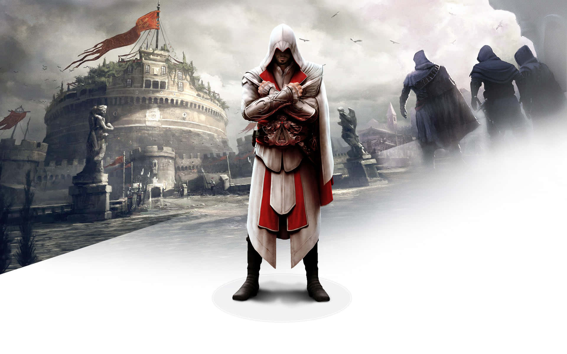 Ezio Auditore 桌布 壁紙 — 一名身穿白色和紅色長袍的蒙面刺客，在風暴天空下挑釁地站在堡壘前，陰影人物正在逼近。