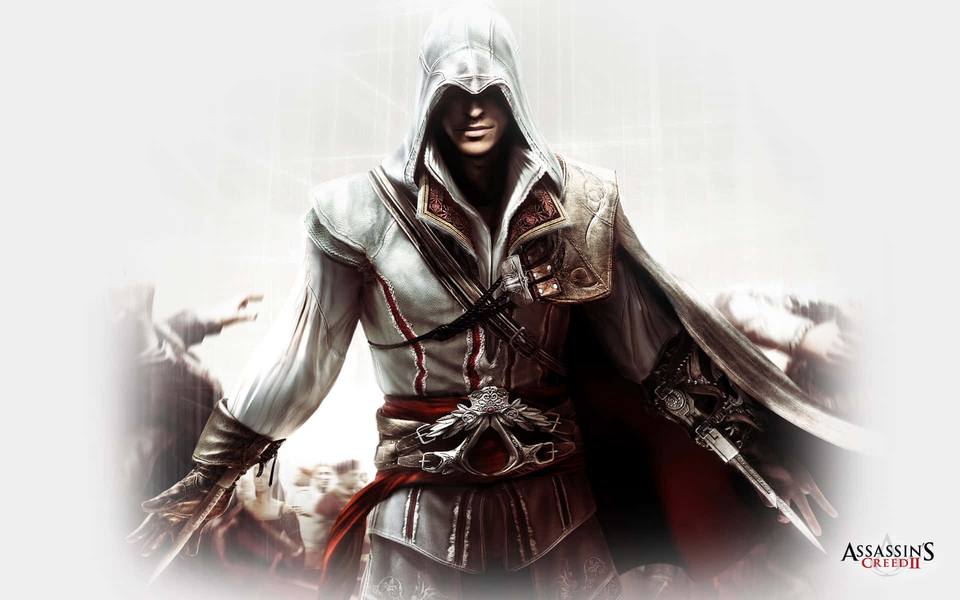 Desmond Miles 桌布 壁紙 — 一名身穿白色和紅色長袍的蒙面刺客，在模糊的人群背景前拔出隱藏的刀刃，蓄勢待發。