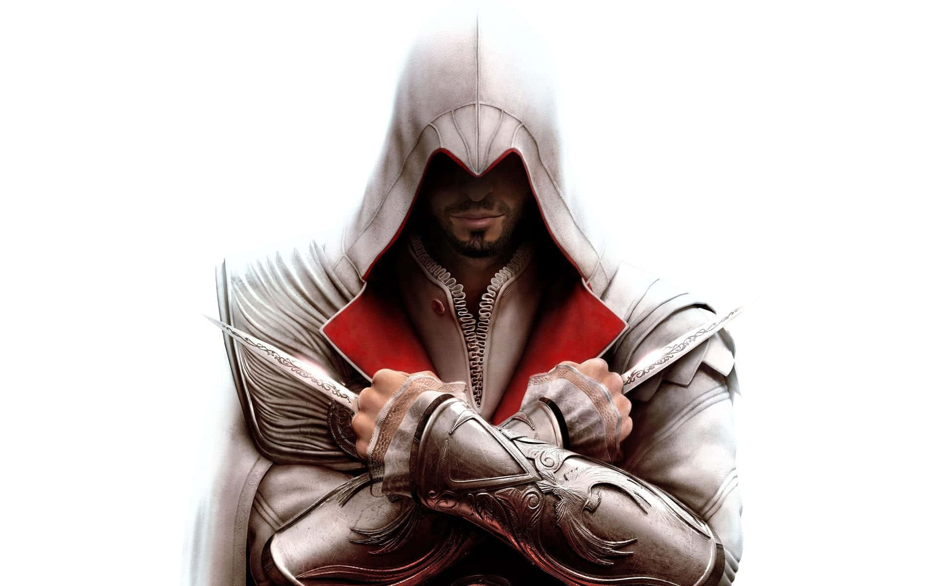Assassin's Creed Ezio 桌布 壁紙 — 一名身穿白色和紅色長袍的蒙面刺客，在純白背景前將兩把華麗的刀刃交叉在胸前。