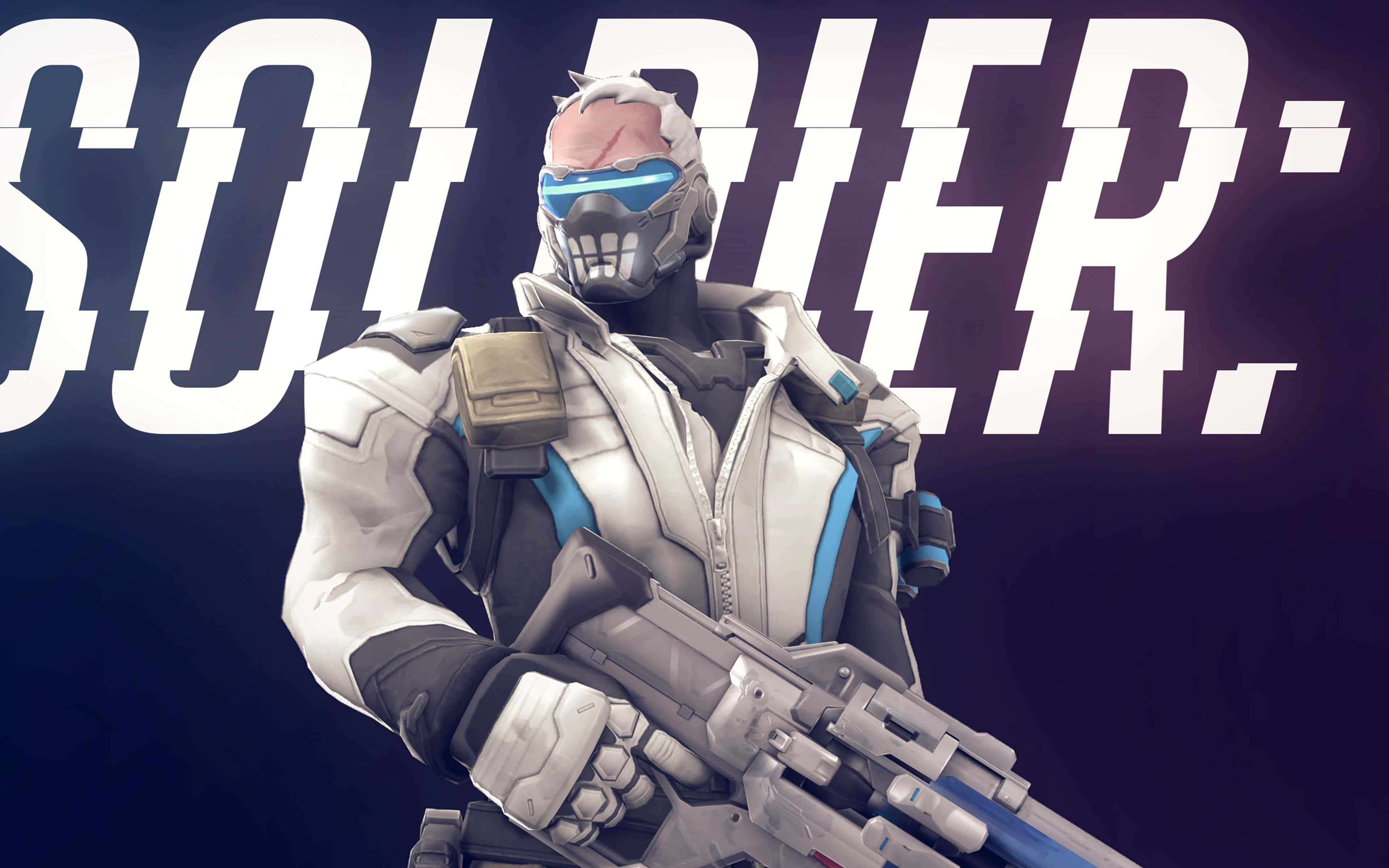 Soldier 76 桌布 壁紙 — 一名身穿白色和藍色盔甲的未来士兵，在深色背景上手持重型武器，並配有粗體白色文字。