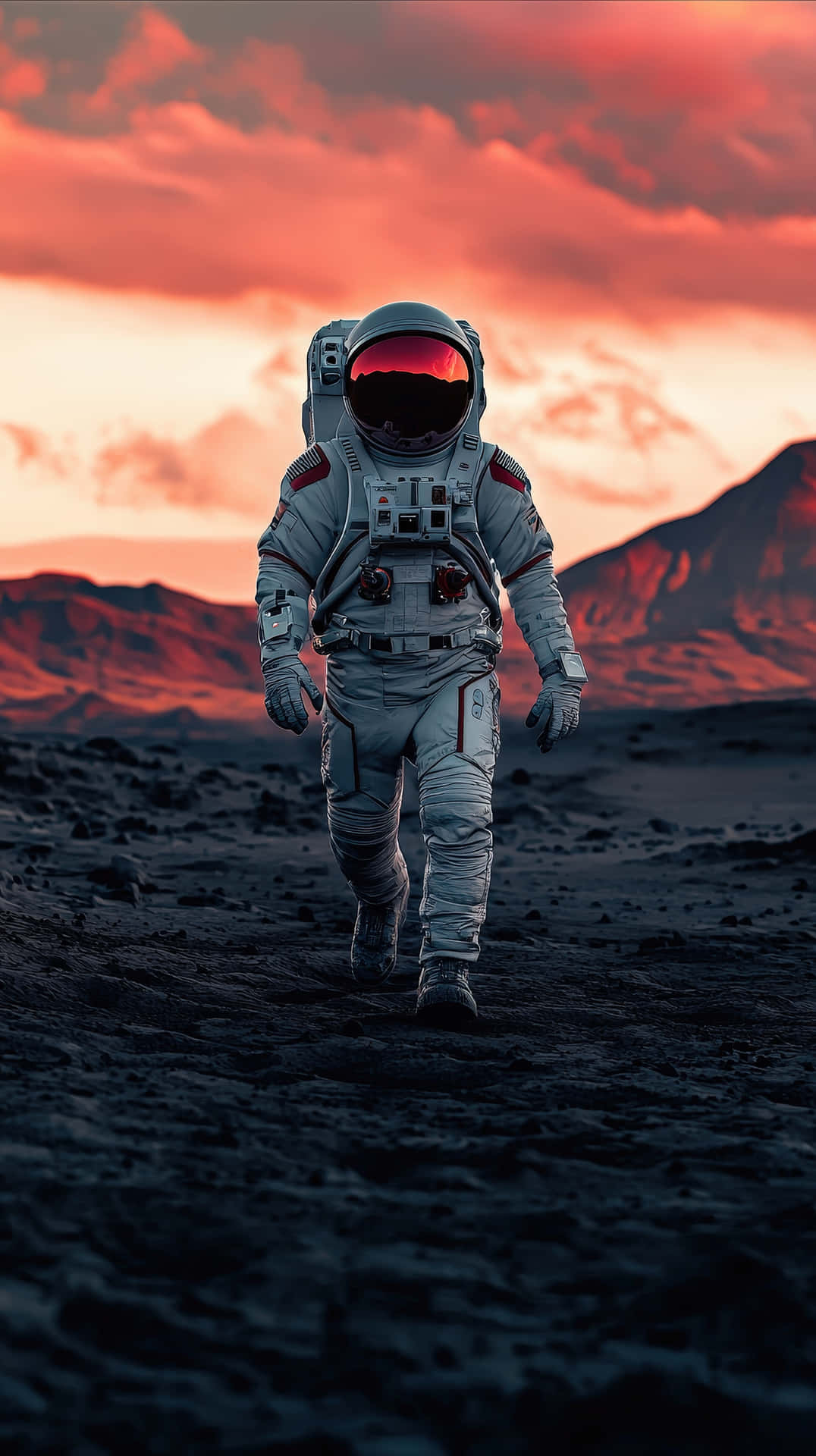 太空人在充滿活力的紅色和橙色日落天空下行走在岩石密布的外星行星上。
