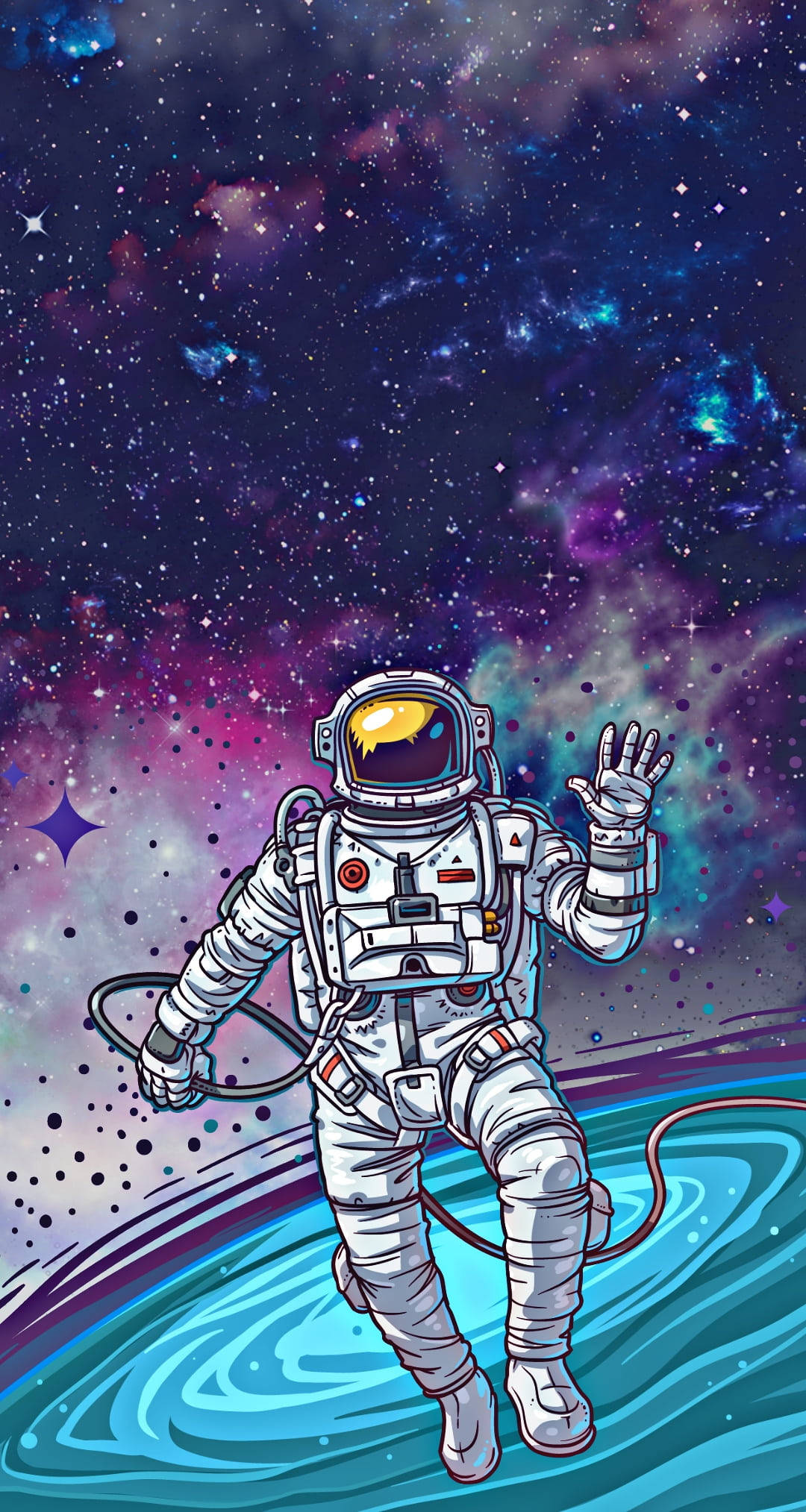 太空人 桌布 壁紙 — 一名身穿白色太空衣的太空人在紫色、藍色和粉紅色星雲的鮮豔宇宙背景下愉快地揮手。
