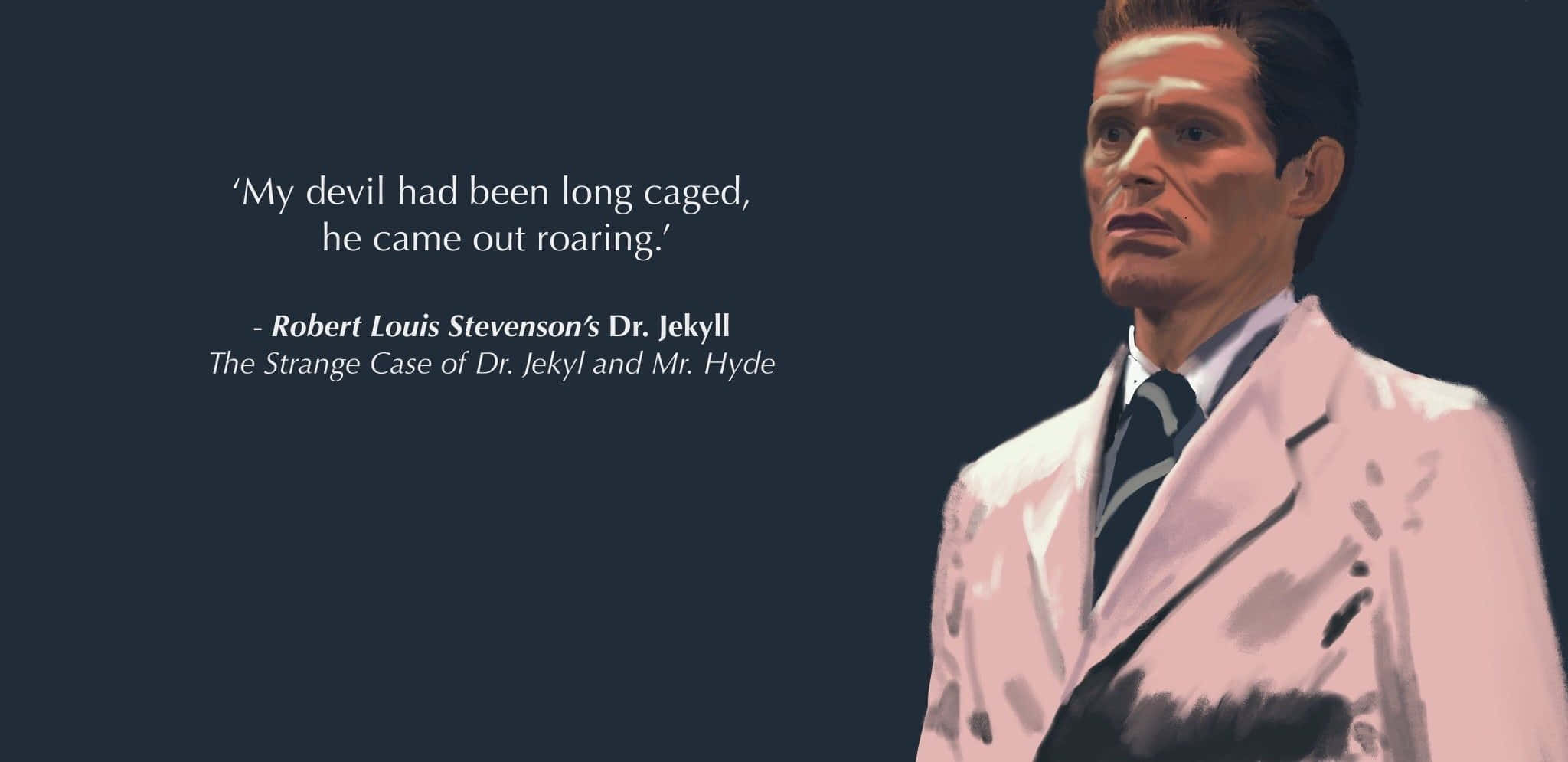 Norman Osborn 桌布 壁紙 — 一名身穿白色實驗室外套的男子在黑暗背景下凝視，附有《化身博士》的引言。
