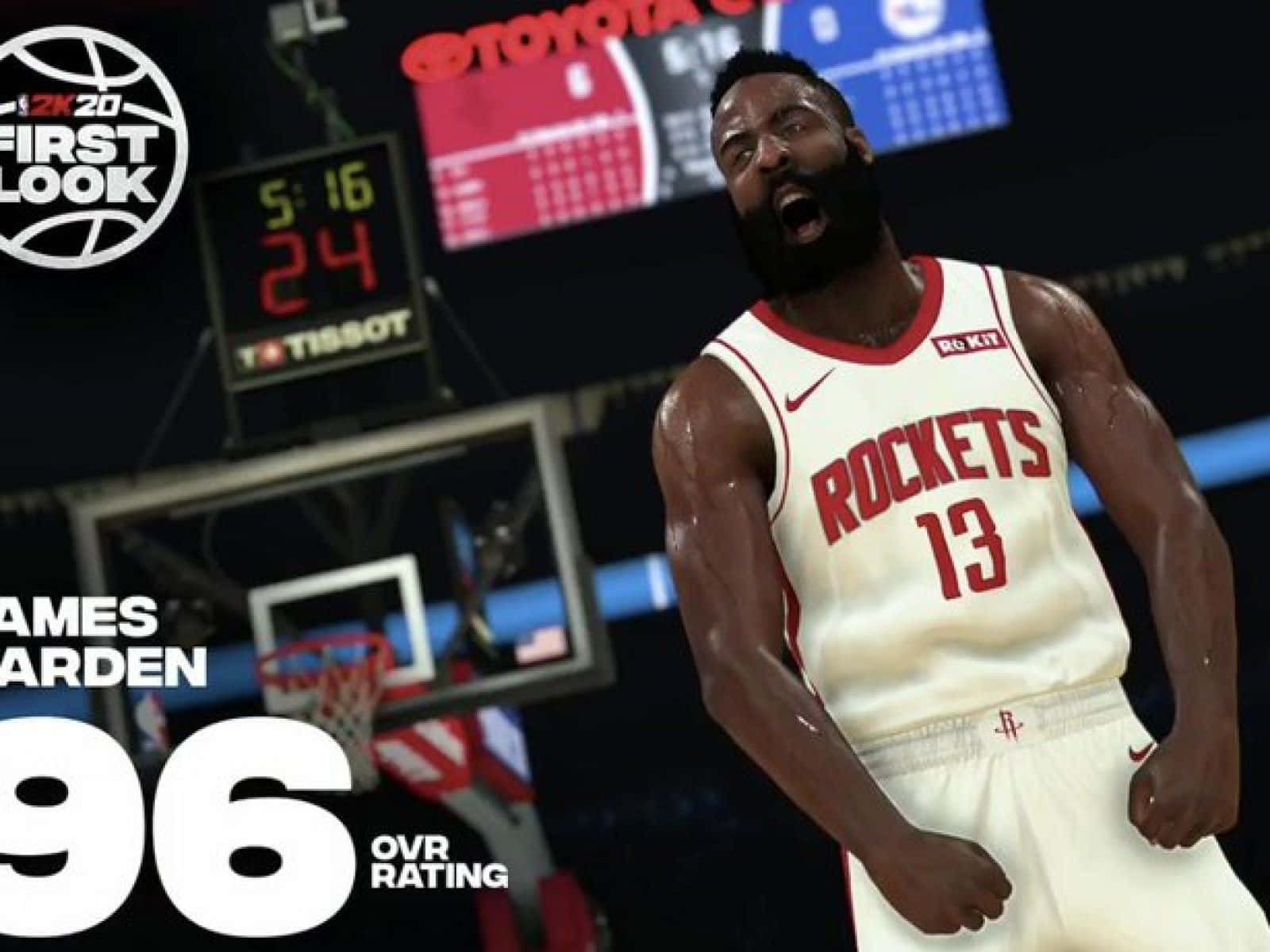 NBA 2k20 桌布 壁紙 — 一名身穿白色火箭隊球衣的籃球運動員在球場上勝利咆哮，背景有記分牌和籃框。