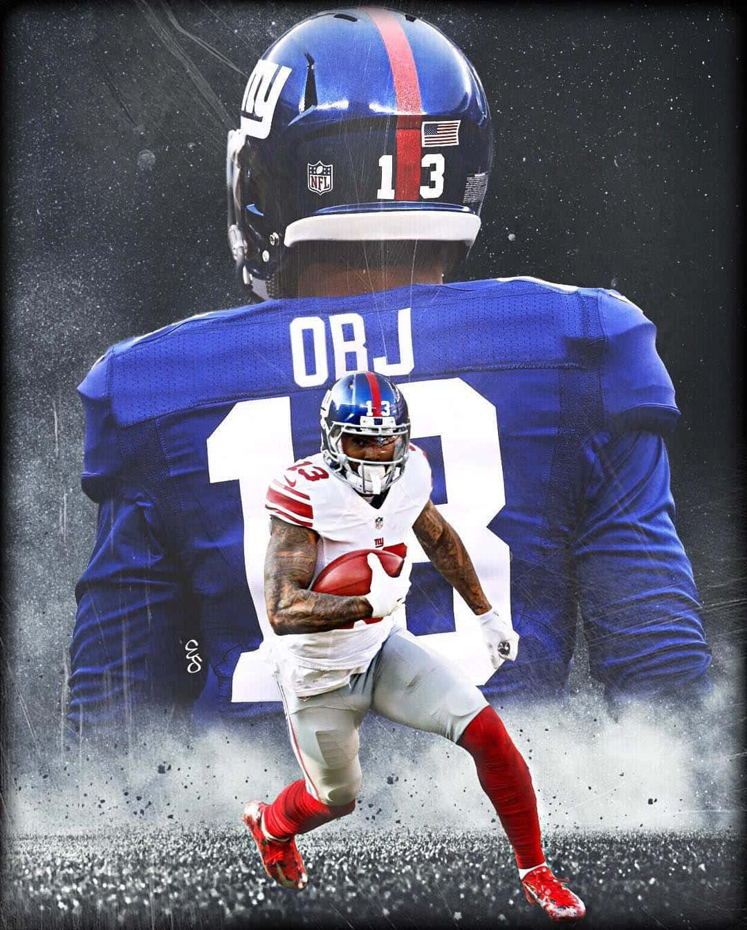 Obj 桌布 壁紙 — 一名身穿白色球衣的足球員帶球奔跑，身後有一個巨大的藍色球衣，上面印有 OBJ 13。