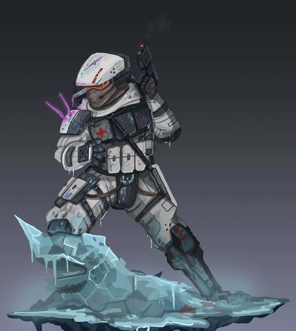 Halo Unsc 桌布 壁紙 — 一名身穿白色盔甲嘅未來士兵企喺鋸齒狀嘅冰層上，手持發光紫色武器，背景係深色漸變。