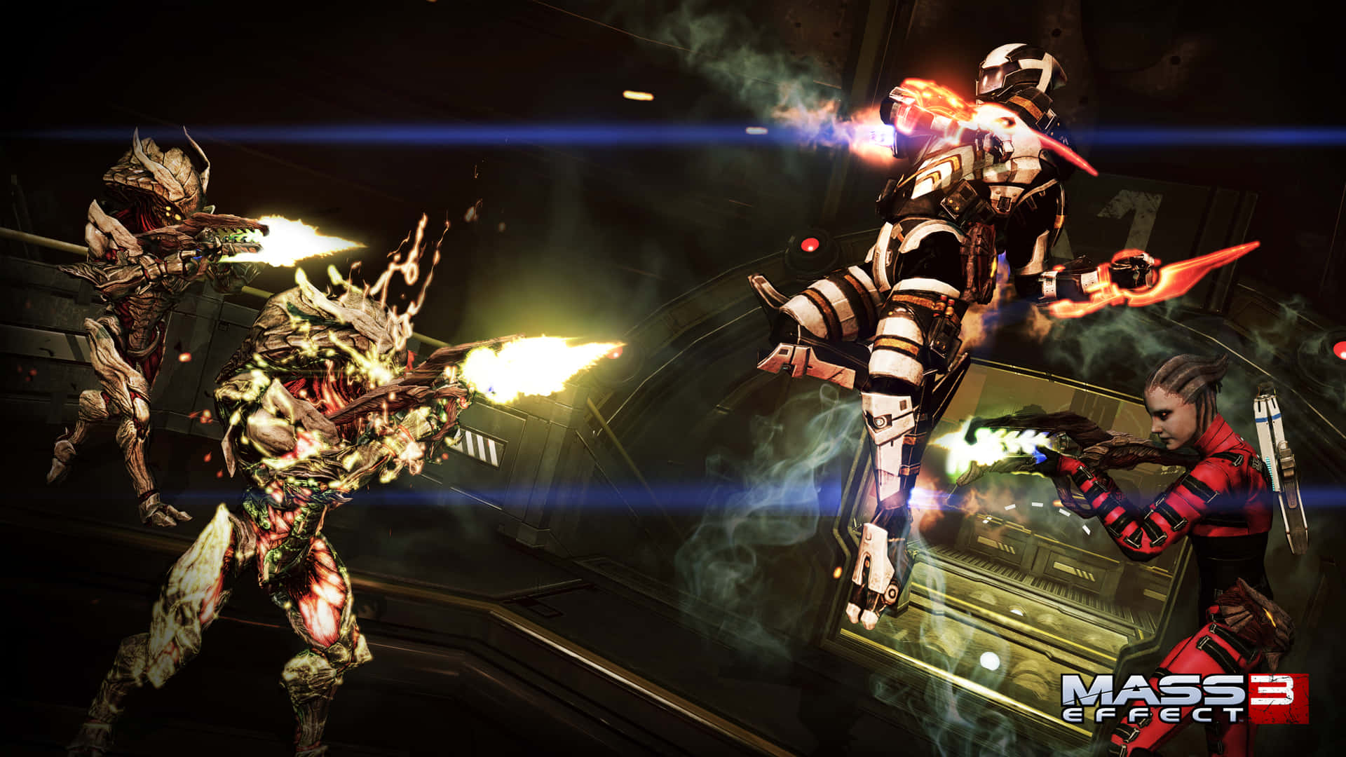 Mass Effect Multiplayer 桌布 壁紙 — 一名身穿白色盔甲的未来士兵在黑暗的科幻走廊中跃入战斗，对抗怪诞的外星生物。