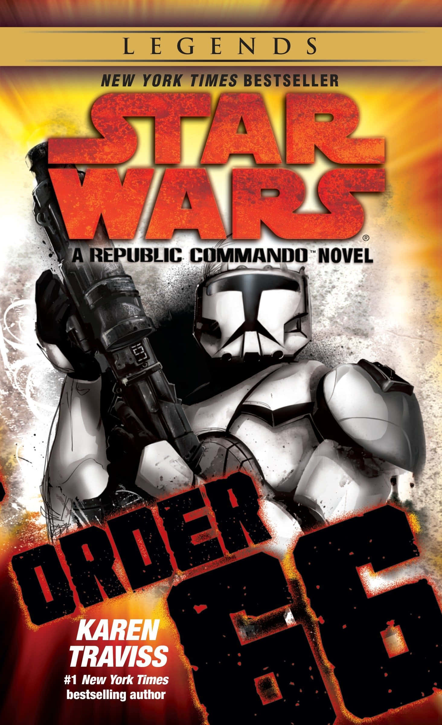 The Order 66 桌布 壁紙 — 一名身穿白色盔甲的複製人突擊隊員，在熾熱的橙色和黃色背景下手持爆能槍，並有粗體文字寫著Order 66。