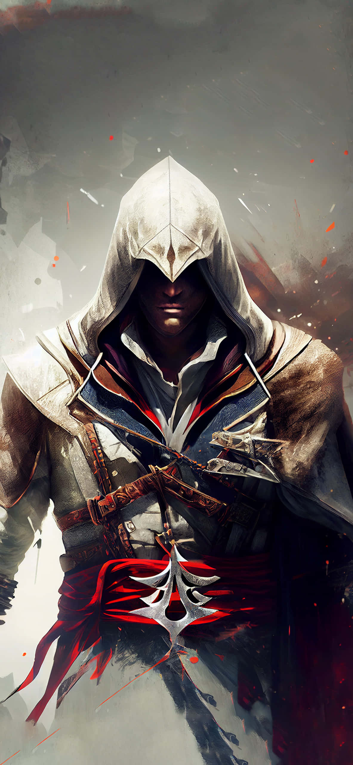 Desmond Miles 桌布 壁紙 — 一名身穿白色長袍和紅色腰帶的蒙面刺客，站在灰濛濛的煙霧中，血跡斑斑。
