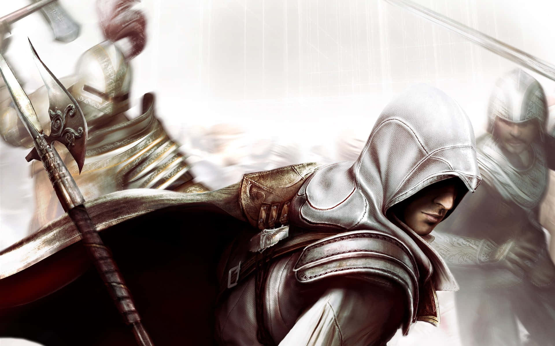 Ezio Auditore 桌布 壁紙 — 一名身穿白色長袍的兜帽刺客手持隱藏刀刃向前衝刺，身後身穿盔甲的士兵在迷霧戰場上交戰。
