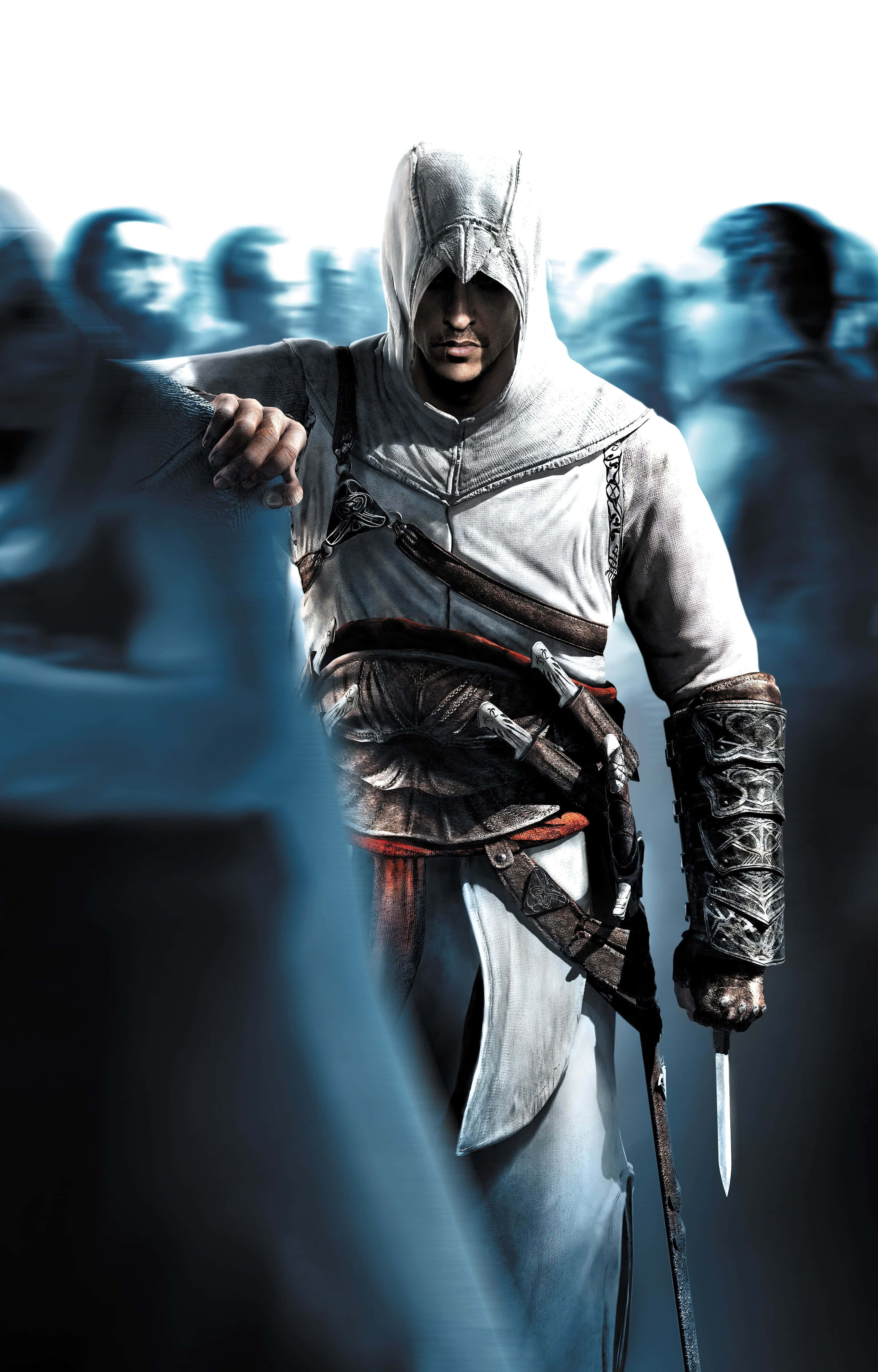 Assassin's Creed Altair 桌布 壁紙 — 一名身穿白色長袍的蒙面刺客，在冷藍色調的模糊人群中拔刀待發。