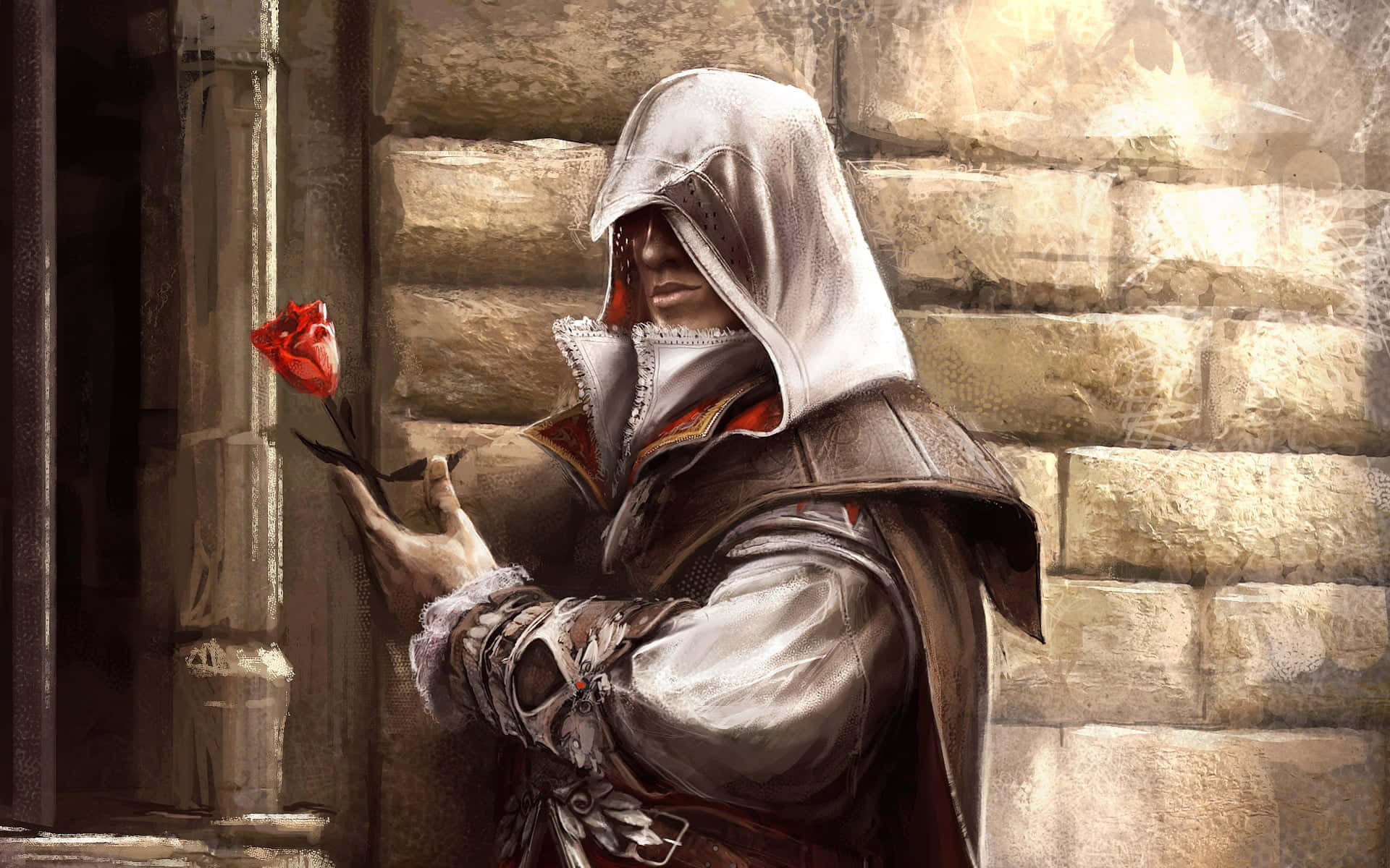 Desmond Miles 桌布 壁紙 — 一名身穿白色長袍的蒙面刺客，在柔和的金色光芒中手持一朵紅玫瑰靠著石牆。