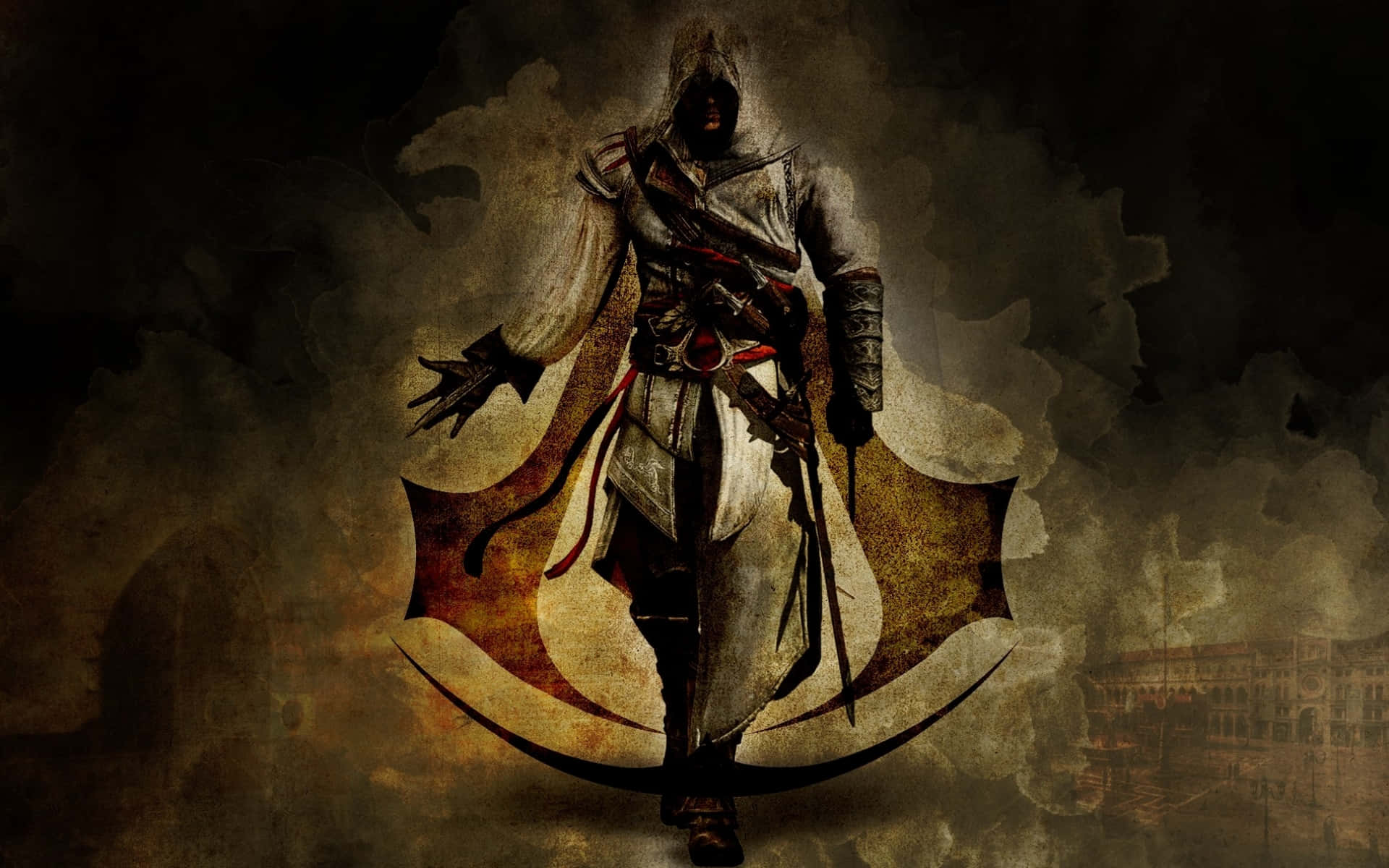 Ezio Auditore 桌布 壁紙 — 一名身穿白色長袍的蒙面刺客，在煙霧瀰漫的古老建築背景下拔刀待發。