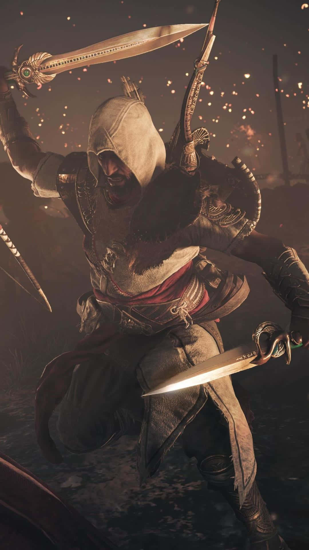 Bayek 桌布 壁紙 — 一名身穿白色長袍的蒙面刺客在昏暗的戰鬥場景中，在飛濺的火花中揮舞著兩把閃閃發光的刀刃。