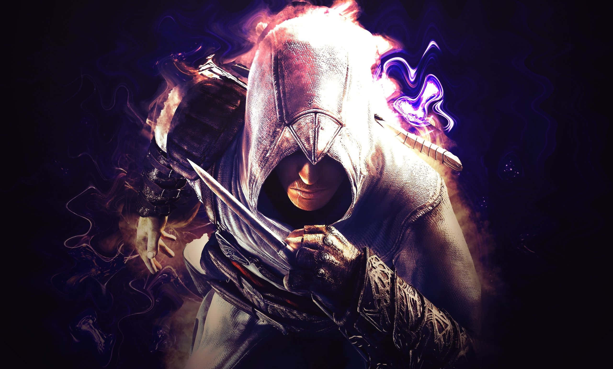 Assassin's Creed Ezio 桌布 壁紙 — 一名身穿白色長袍的蒙面刺客握著刀刃，紫色和橙色能量在他周圍旋轉，背景漆黑。