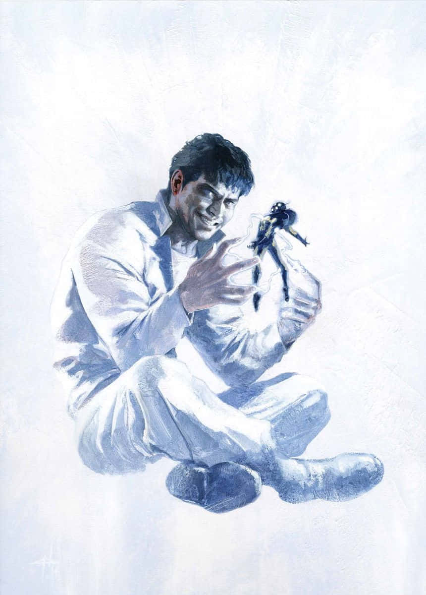 Beyonder 桌布 壁紙 — 一名身穿白衣的男子盤腿而坐，手持一個黑色小雕像，背景是柔和的藍色紋理。