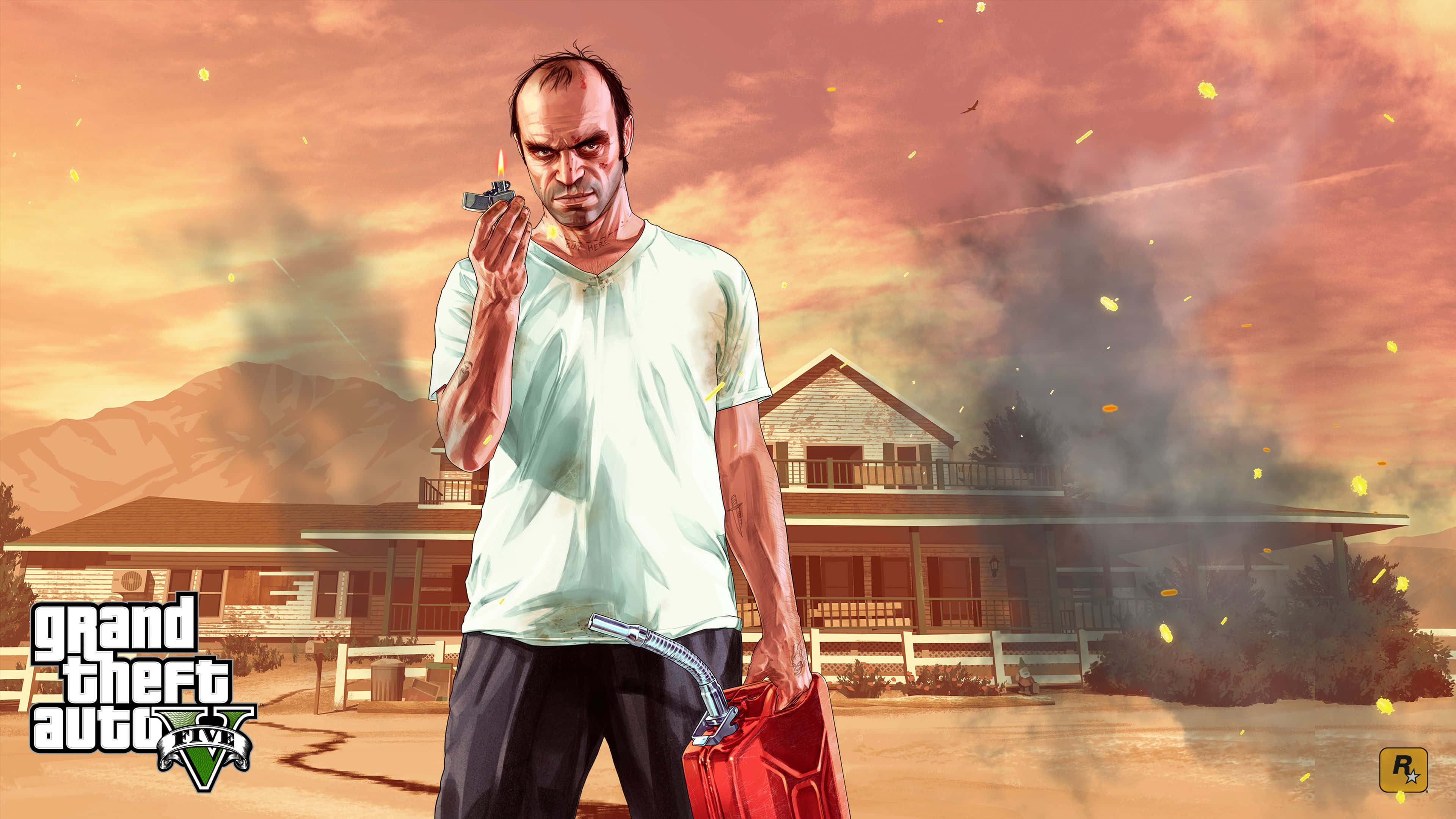 Gta 5 4K 桌布 壁紙 — 一名身穿白衫的男子在火紅的天空下，於一間燃燒中的房屋前，手持一個點燃的打火機和一個紅色煤氣罐。