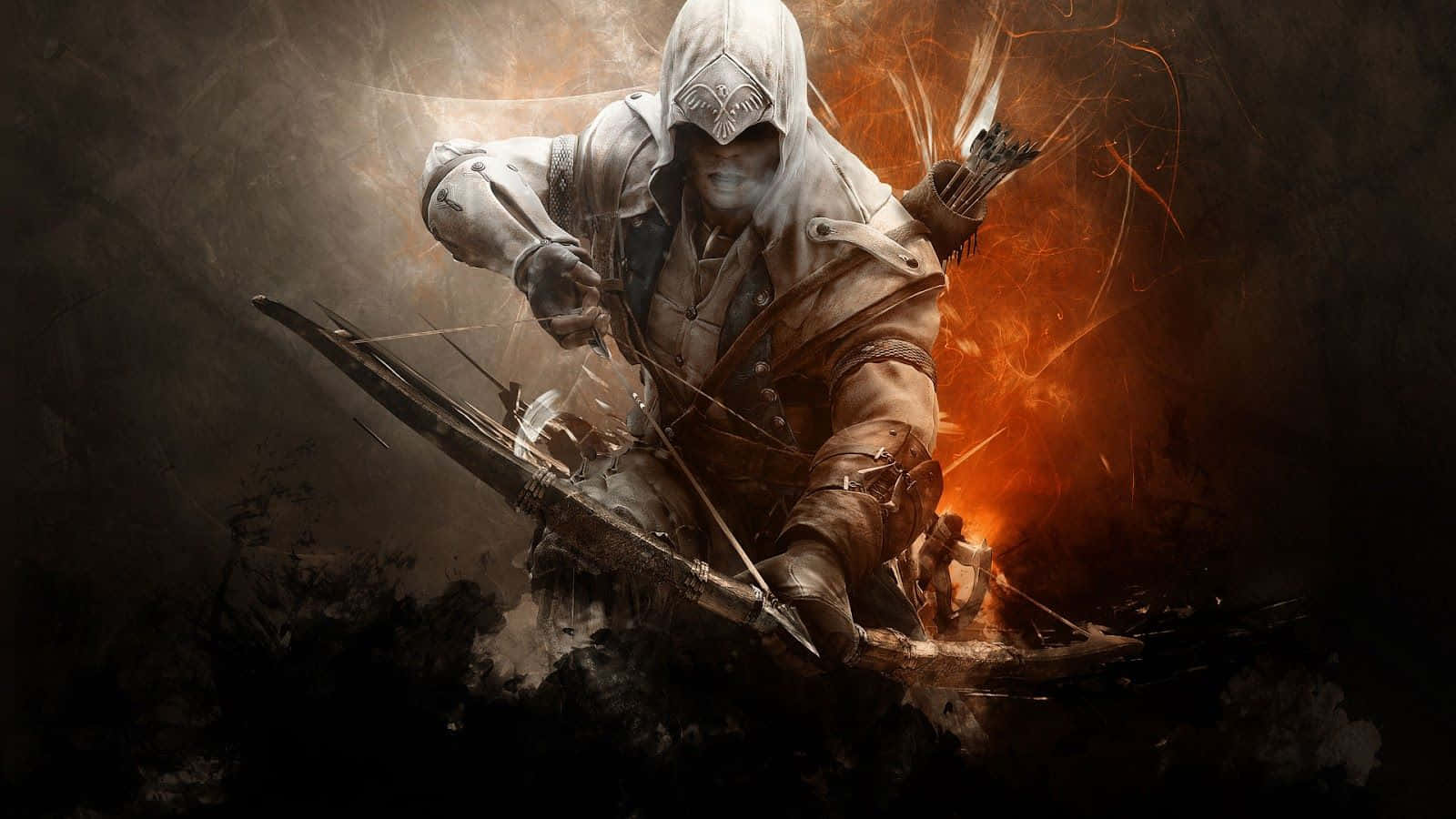 Action Games 桌布 壁紙 — 一名身穿白袍的蒙面刺客，在熾熱的橙色背景和旋轉的黑煙中拉弓。