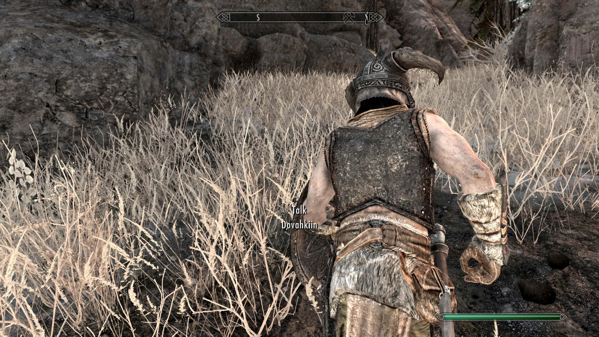 dovahkiin 桌布 壁紙 — 一名身穿盔甲、戴著角盔的戰士，在電子遊戲場景中走過岩石地形附近的乾草叢。