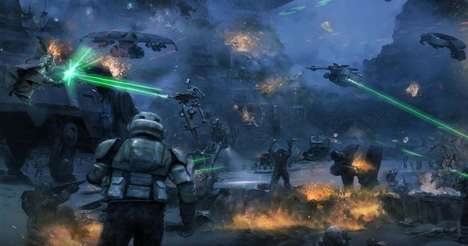 Lightsaber Duels 桌布 壁紙 — 一名身穿盔甲的士兵站在混亂的戰場上，周圍有爆炸和來自懸浮車輛的綠色激光射線。