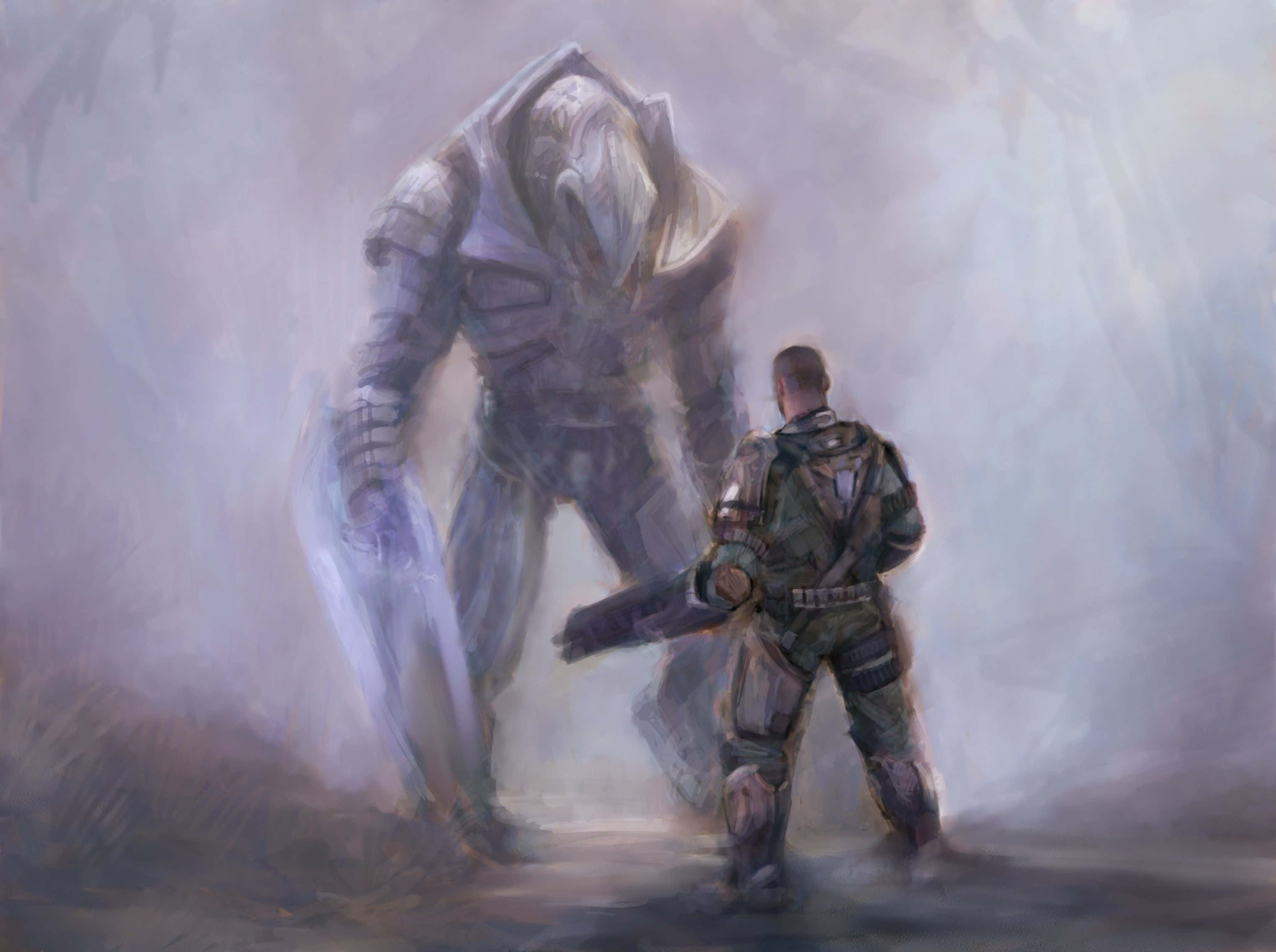 Halo Arbiter 桌布 壁紙 — 一名身穿盔甲的孤獨士兵，在昏暗光線下，於霧氣瀰漫、荒涼的戰場上，面對一個高聳的兜帽敵人。