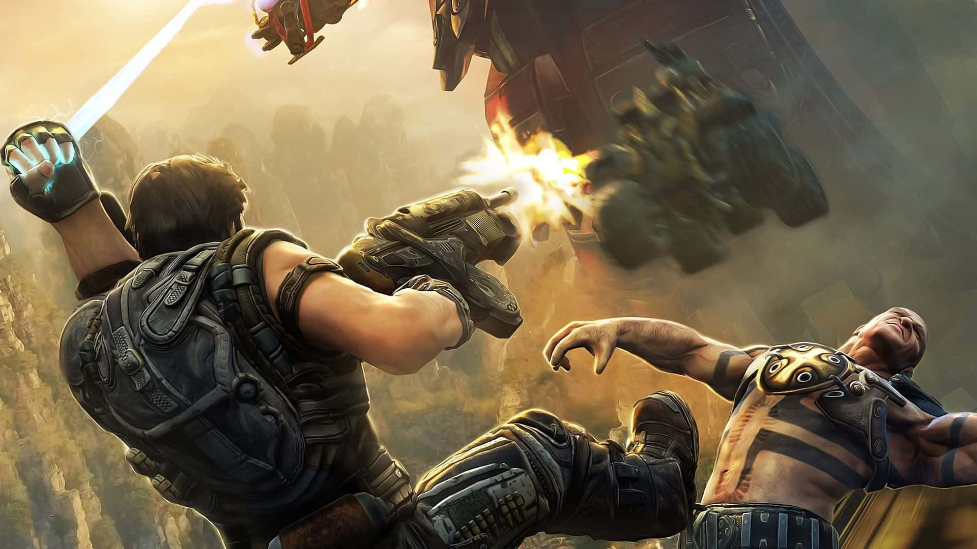 Action Games 桌布 壁紙 — 一名身穿盔甲的戰士向一個巨大的機械敵人發射發光的武器，而一名倒下的戰友則躺在附近塵土飛揚的戰場上。