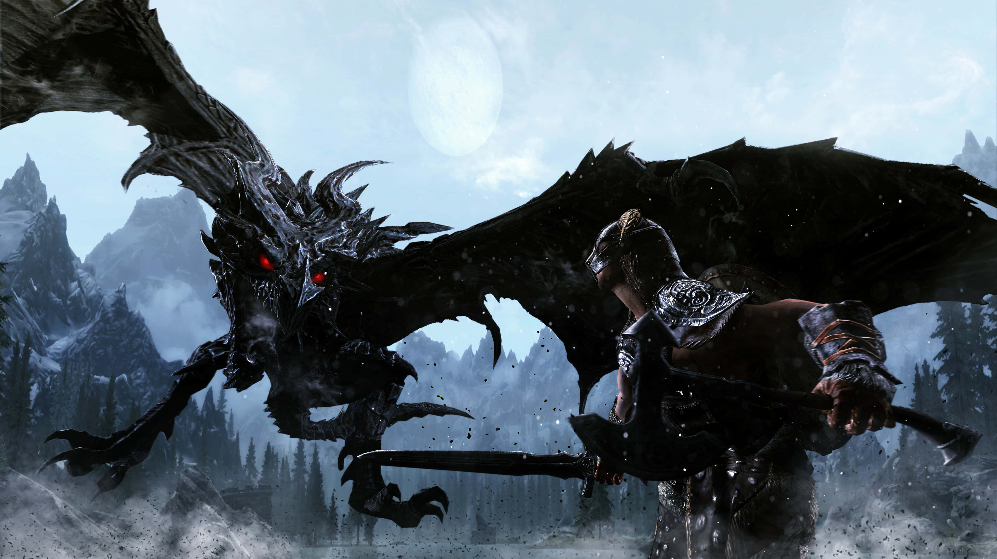 Skyrim Paarthurnax 桌布 壁紙 — 一名身穿盔甲的戰士在蒼白的月光下，以積雪的山脈為背景，對抗一隻擁有發光紅眼的巨大黑龍。
