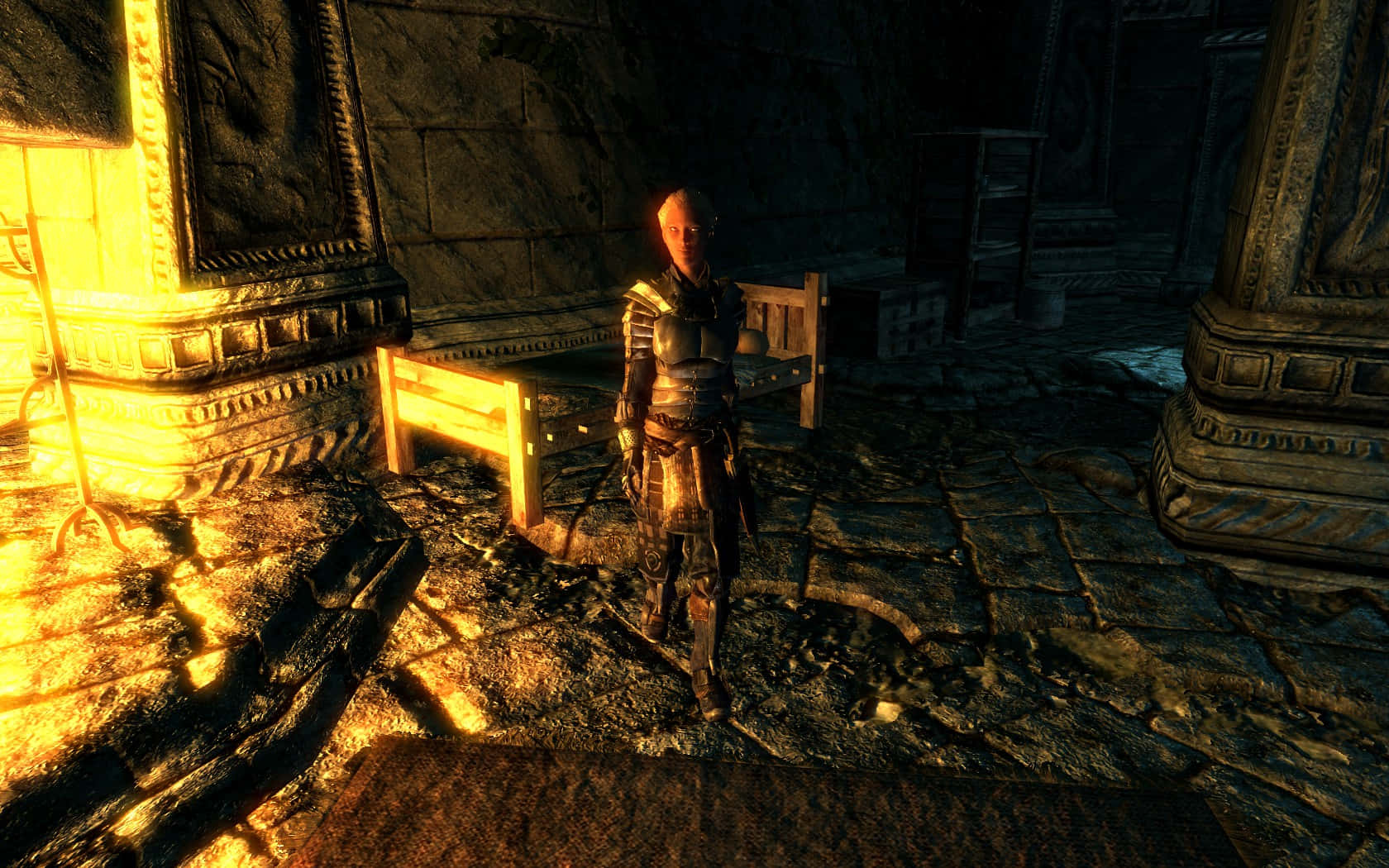 Skyrim Delphine 桌布 壁紙 — 一名身穿盔甲的戰士站在昏暗的石室中，沐浴在火炬溫暖的金色光芒下，投下長長的影子。