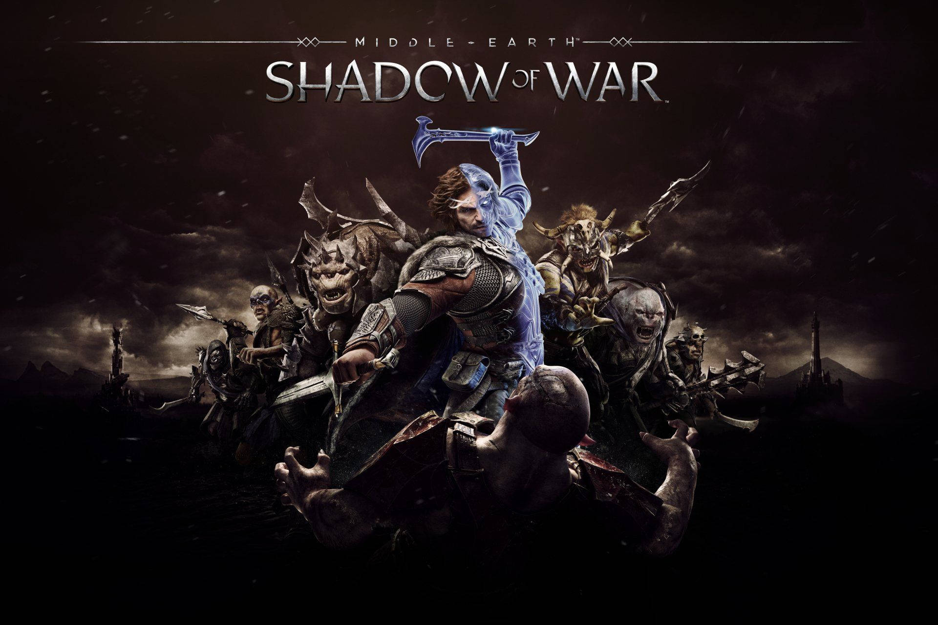 shadow 桌布 壁紙 — 一名身穿盔甲的戰士騎著被擊敗的獸人，穿過黑暗風暴的戰場，周圍有惡魔盟友。
