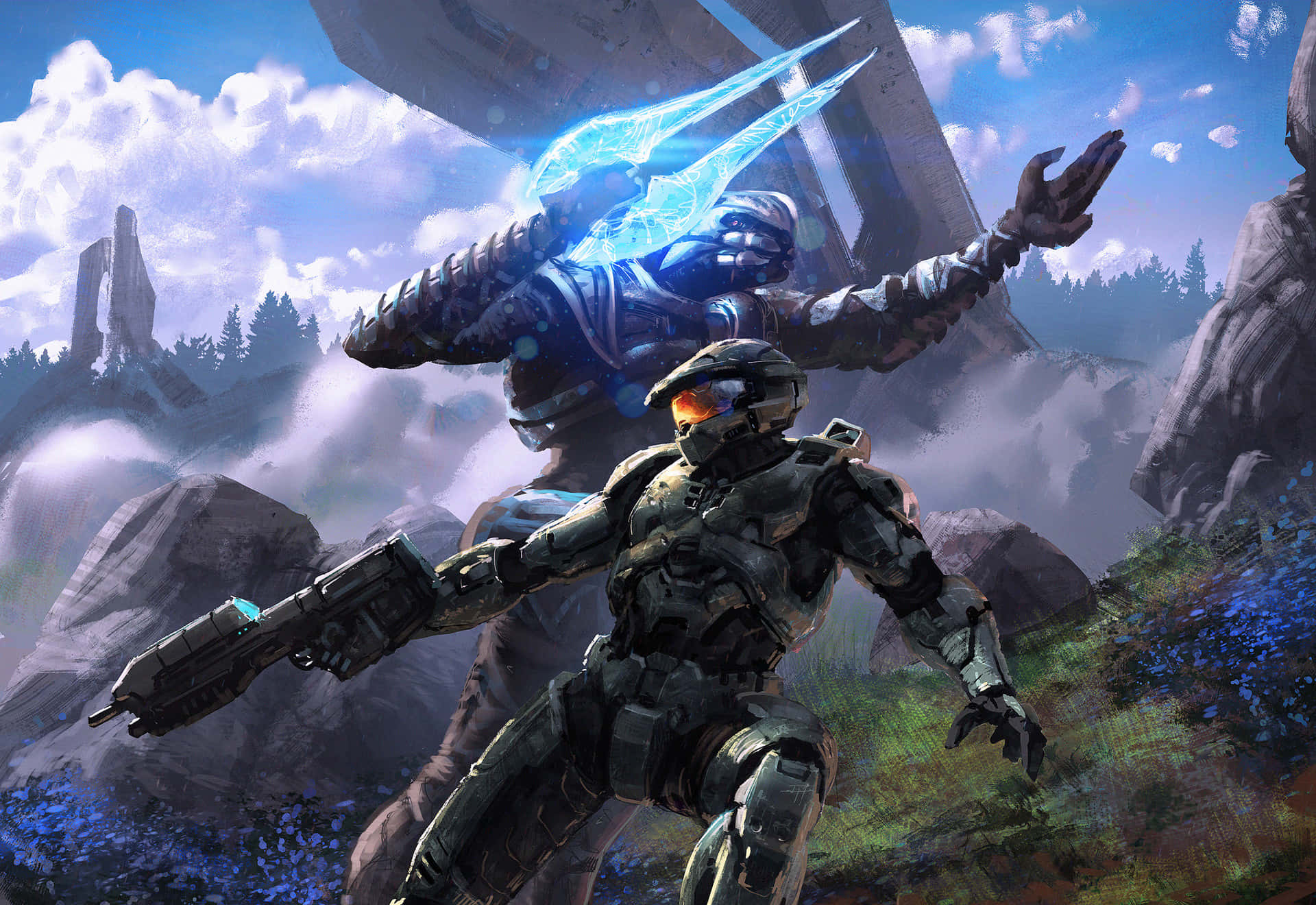 Halo Spartans 桌布 壁紙 — 一名身穿盔甲的斯巴達戰士手持發光的藍色能量劍向前衝鋒，而一個高大的外星敵人在霧氣瀰漫的山景中潛伏在後方。