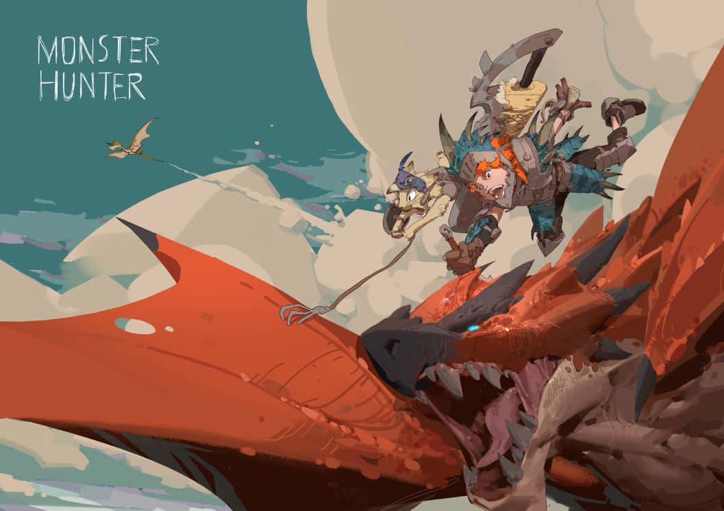Monster Hunter Monsters 桌布 壁紙 — 一名身穿盔甲的獵人騎著一條巨大的紅色巨龍，穿越白雪皚皚的山巒天空，遠處還有另一條巨龍在飛翔。