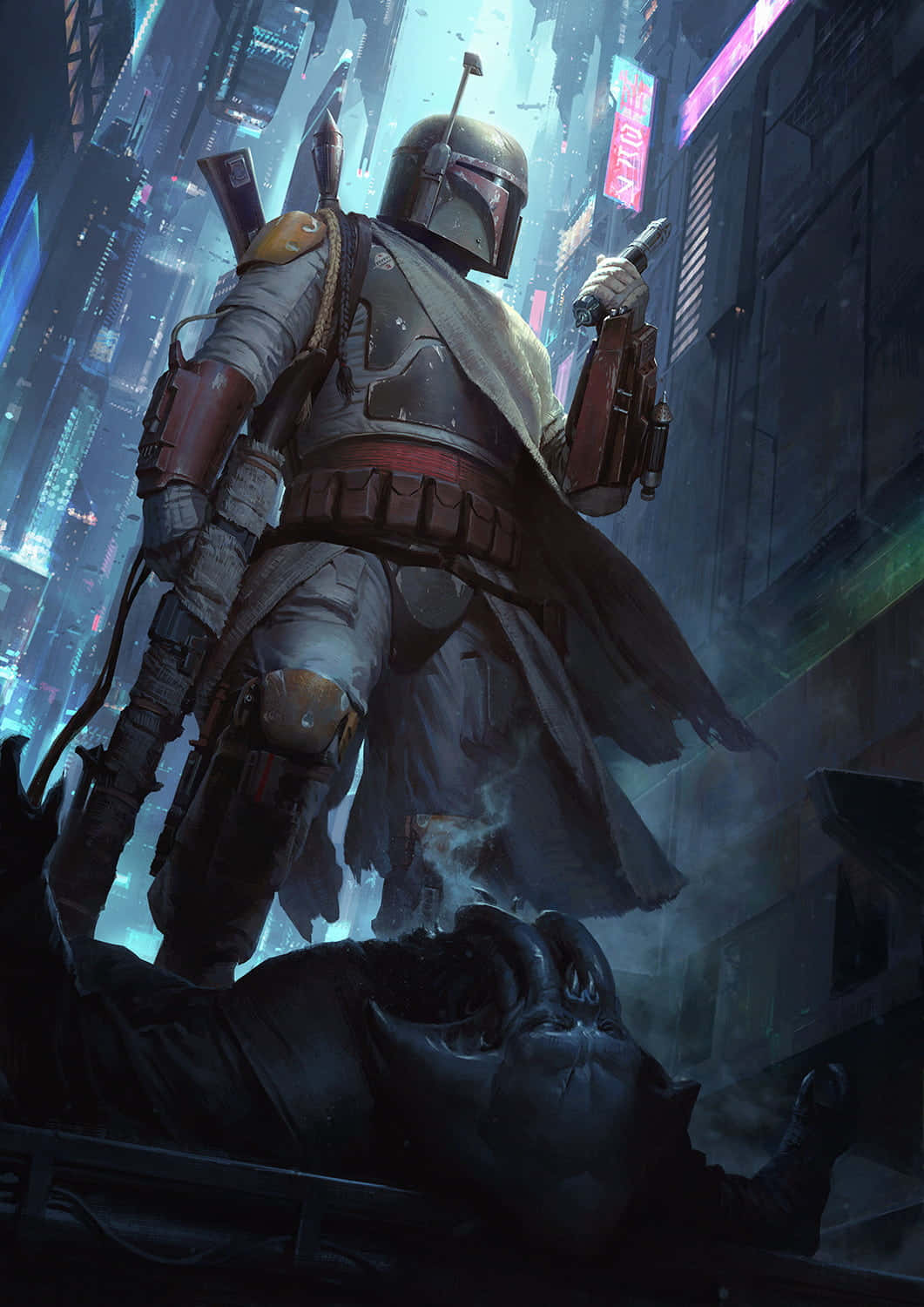 Bounty Hunters 桌布 壁紙 — 一名身穿盔甲的賞金獵人在夜晚霓虹燈閃爍的賽博龐克城市景觀中站在倒下的敵人之上。