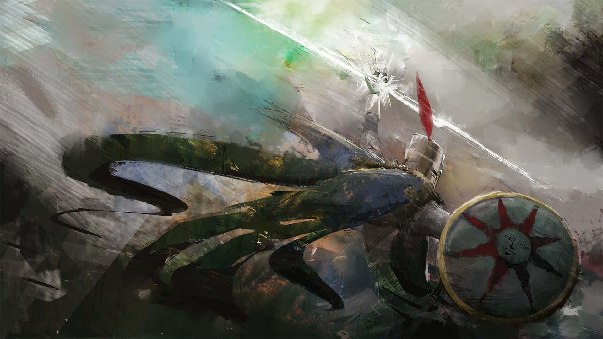 Solaire Of Astora 桌布 壁紙 — 一名身穿盔甲的騎士，手持發光劍和太陽臉盾牌，在旋轉的抽象筆觸中向前衝鋒。