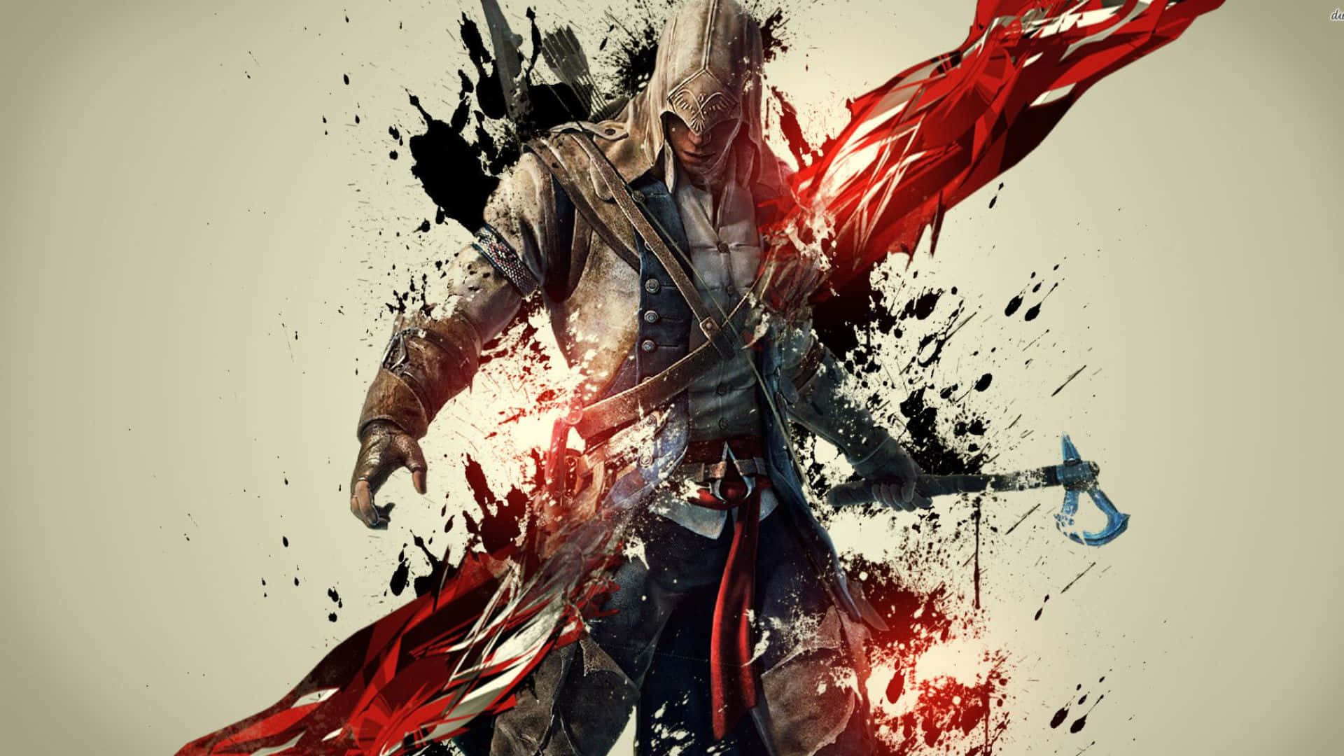 HD Gaming 桌布 壁紙 — 一名身穿破爛外套的兜帽刺客，站在爆炸性的紅色和黑色油漆飛濺中，手持隱藏刀刃。