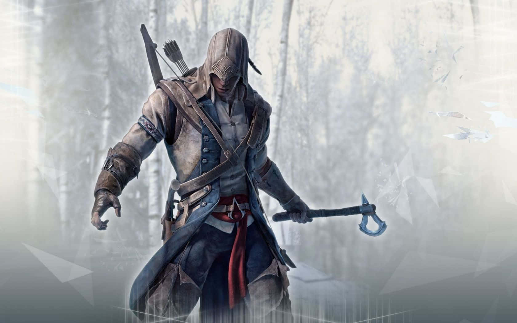 Connor Kenway 桌布 壁紙 — 一名身穿破爛衣服的戴帽刺客，在霧氣瀰漫、有白樺樹和飄雪嘅森林中揮動戰斧。