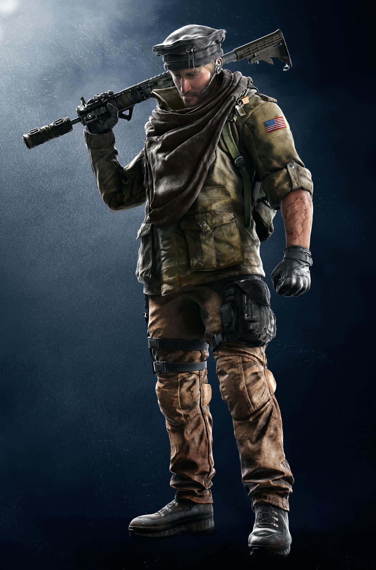 Rainbow Six Siege Maverick 桌布 壁紙 — 一名身穿破舊迷彩裝備的粗獷士兵，在黑暗的氛圍背景下肩上扛著步槍。