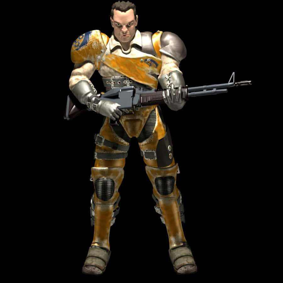 Fallout Brotherhood Of Steel 桌布 壁紙 — 一名身穿磨損金銀鎧甲的粗獷士兵，在純黑背景下緊握重型突擊步槍。