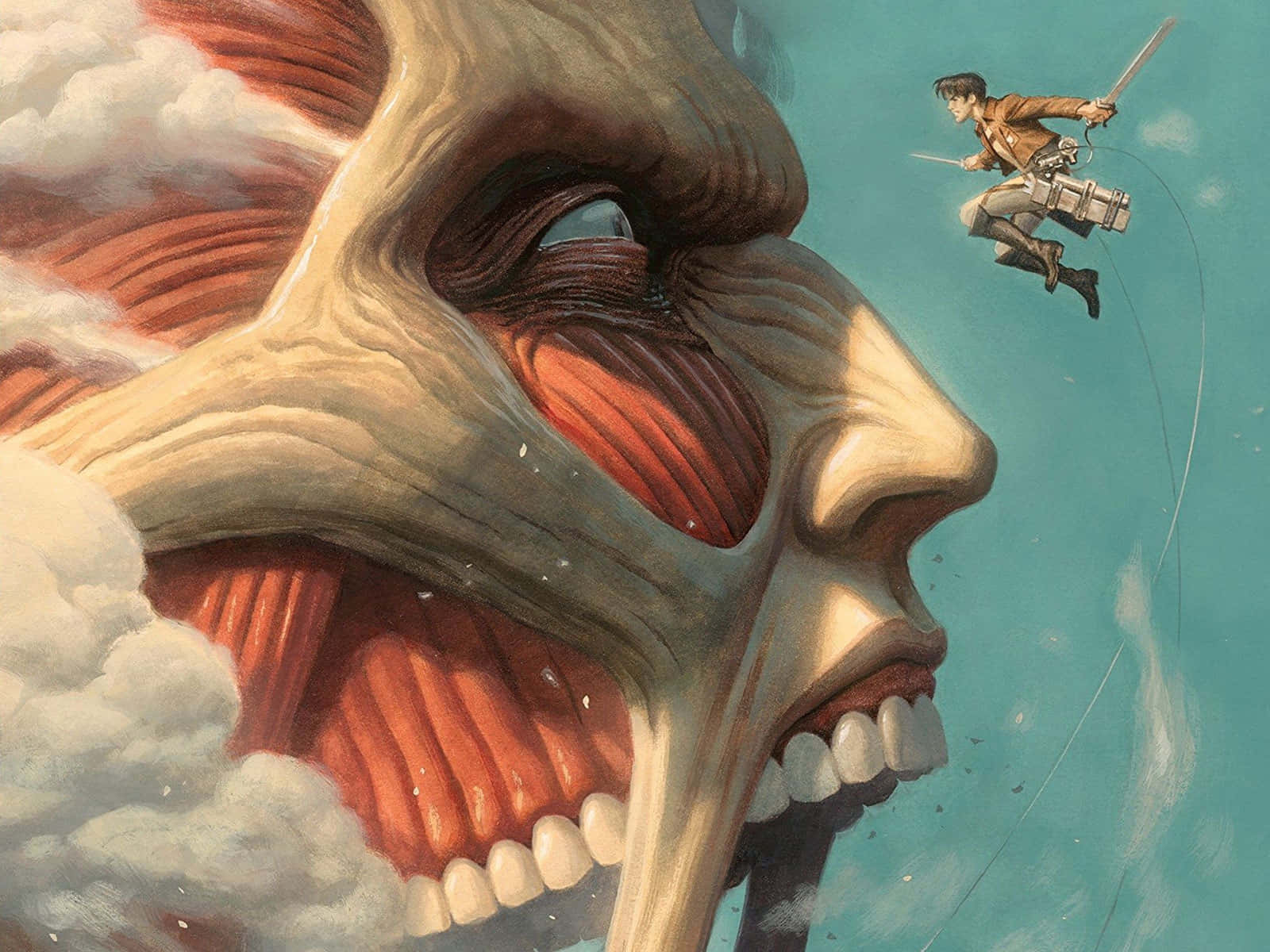 Humanoid Monsters 桌布 壁紙 — 一名身穿立體機動裝置的士兵，在陰雲密佈的天空下，朝著張開嘴巴、露出牙齒的超大型巨人臉部飛去。