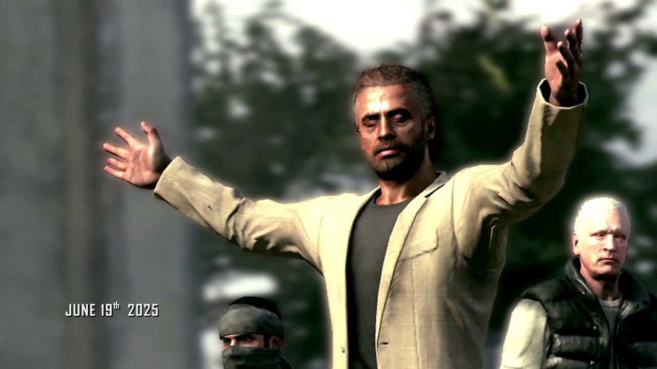 Call Of Duty Raul Menendez 桌布 壁紙 — 一名身穿米色外套的男子在戶外張開雙臂站立，兩名武裝男子在他兩側。