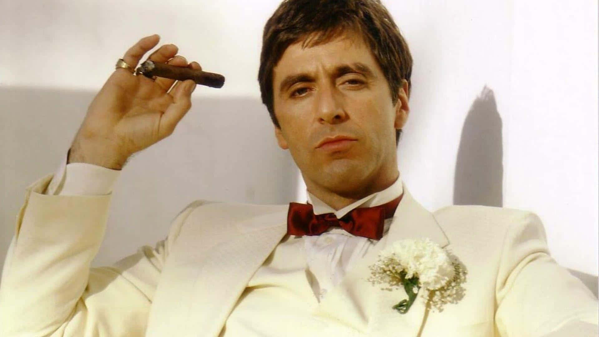 Al Pacino 桌布 壁紙 — 一名身穿米色西裝和紅色領結的男子，在純白牆壁前手持雪茄，專注地凝視鏡頭。