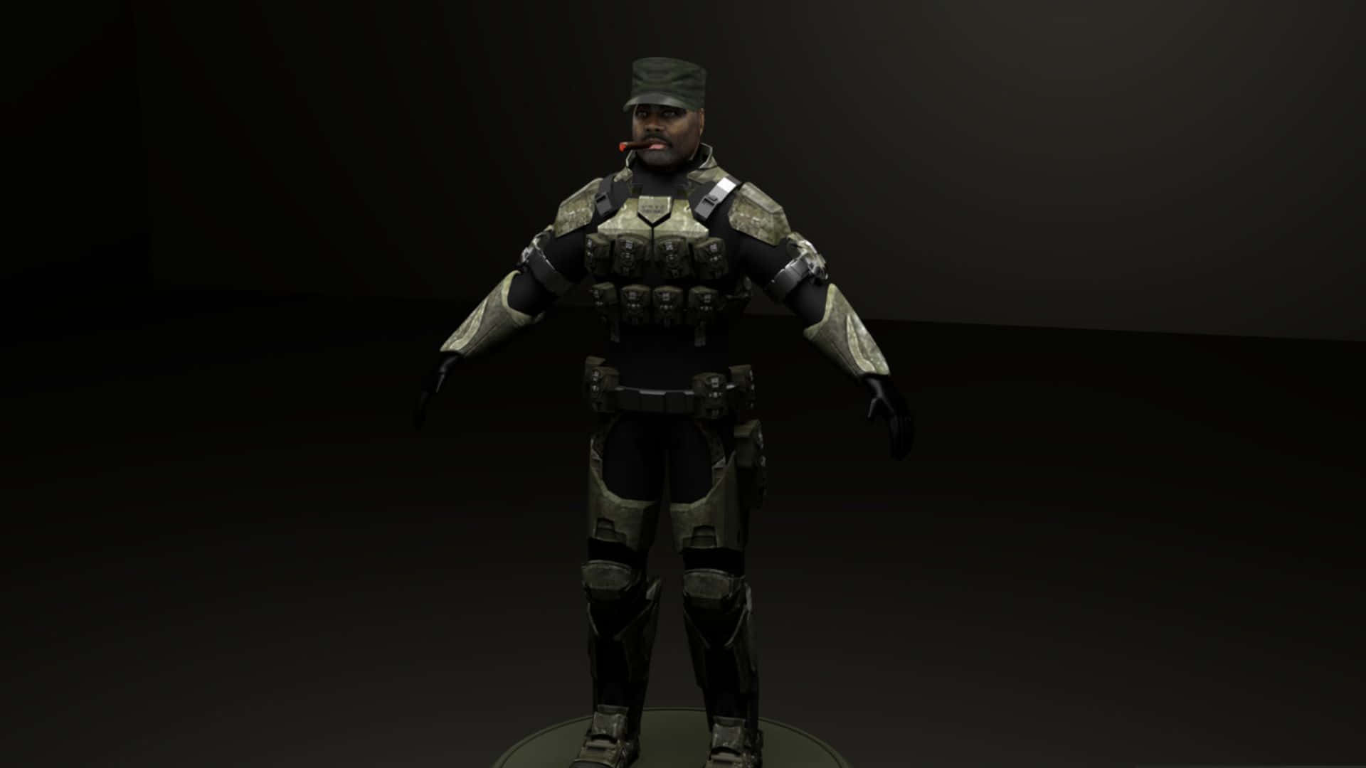 Sergeant Johnson 桌布 壁紙 — 一名身穿精細戰鬥裝備的士兵在深色漸變背景前擺出姿勢，微妙的燈光突顯了他的盔甲。