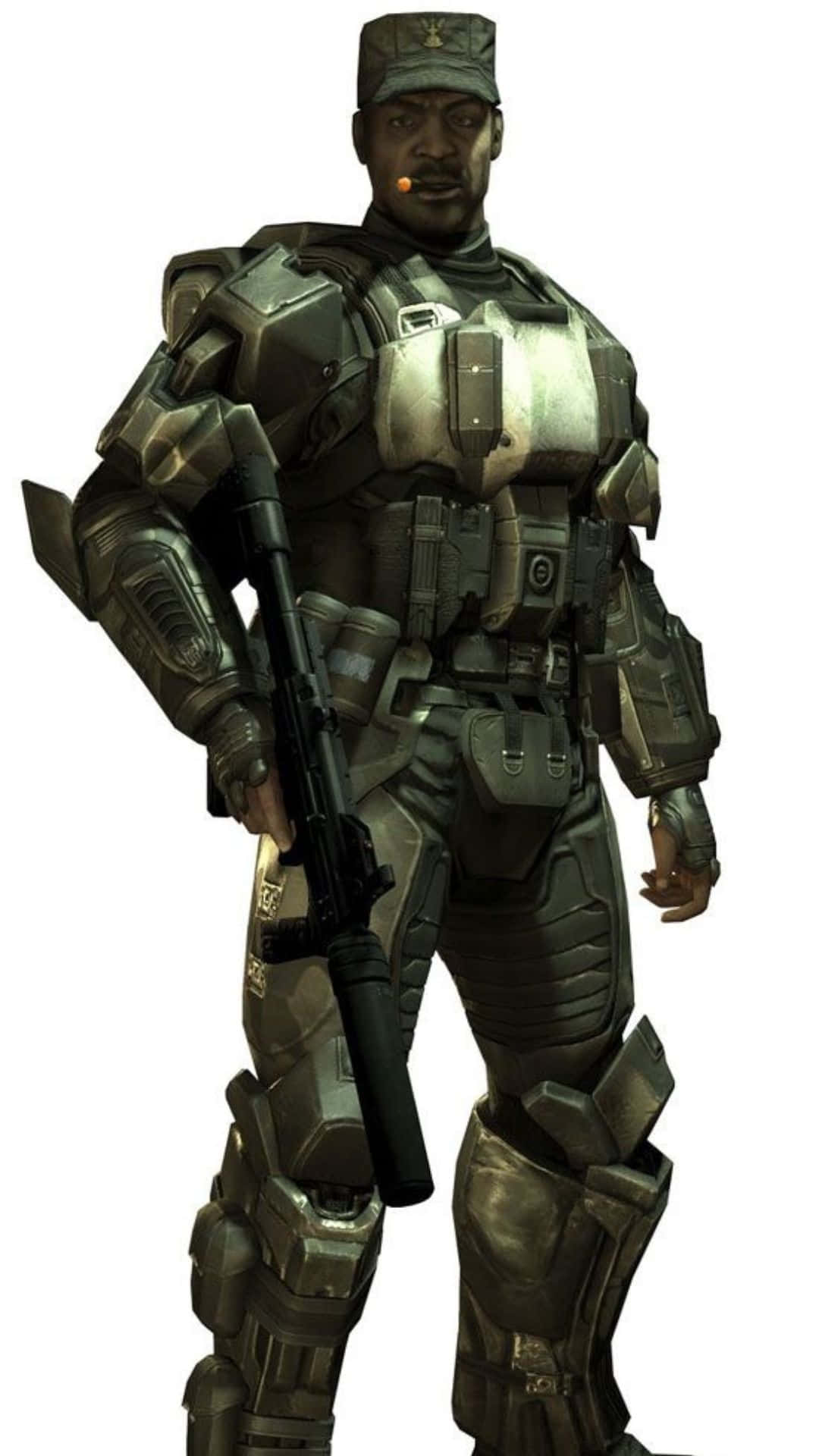 Sergeant Johnson 桌布 壁紙 — 一名身穿精細未來盔甲的士兵自信地站在純白色背景前，手持步槍。