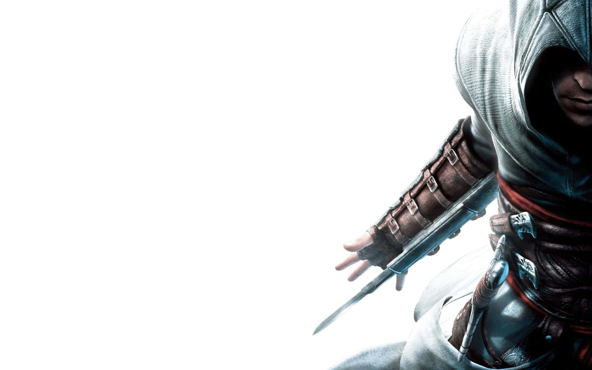 Desmond Miles 桌布 壁紙 — 一名身穿精細皮革裝備的兜帽刺客，在純白背景前握著一把隱藏刀刃。
