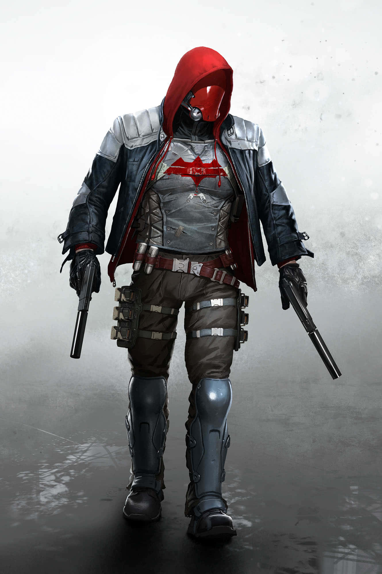 Red Hood 桌布 壁紙 — 一名身穿紅灰色盔甲的蒙面義警手持兩把手槍，在霧濛濛的灰色背景下向前走。