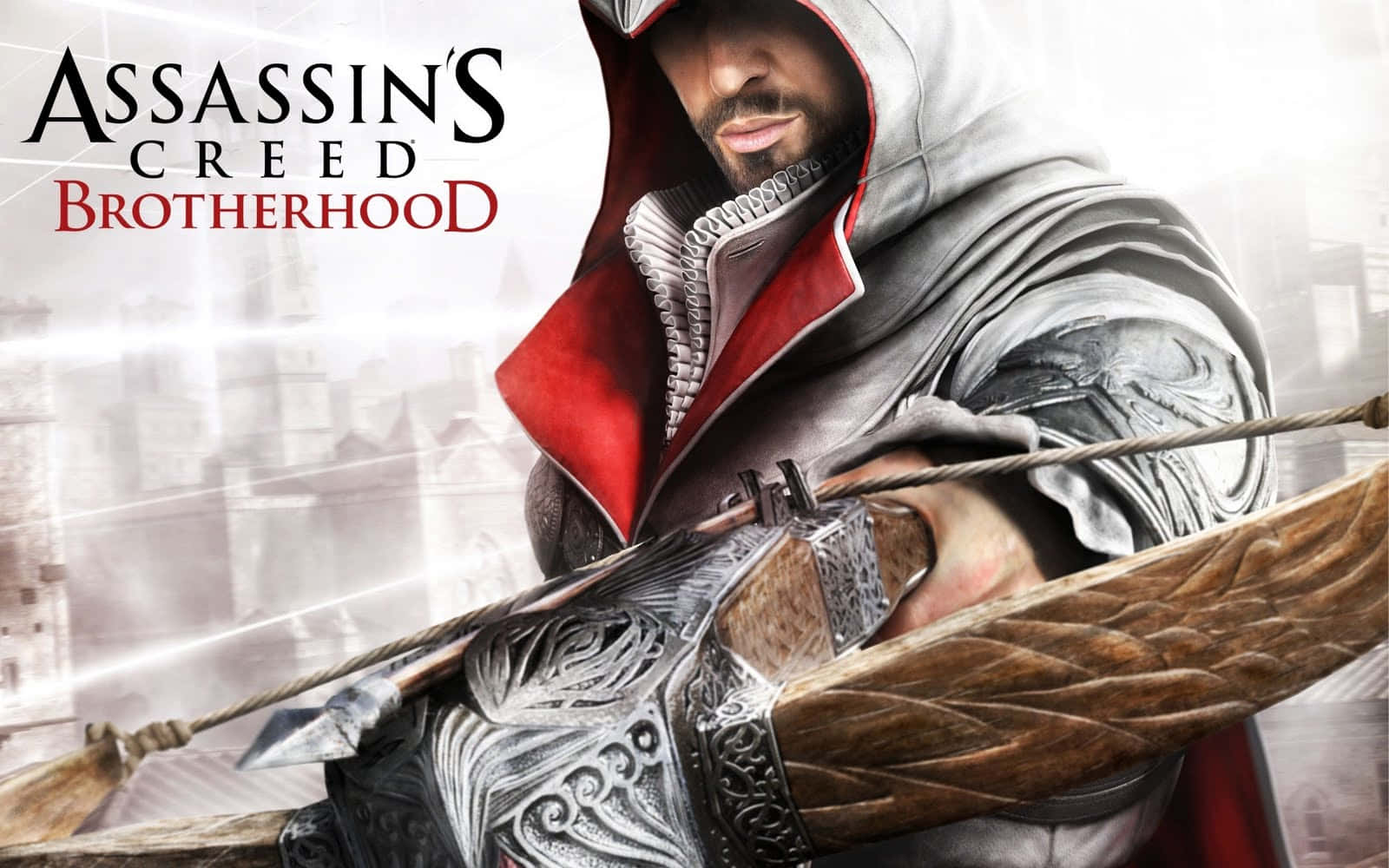 Assassin's Creed Brotherhood 桌布 壁紙 — 一名身穿紅灰色長袍的蒙面刺客，在模糊的城市背景下瞄準一把精細的十字弓。