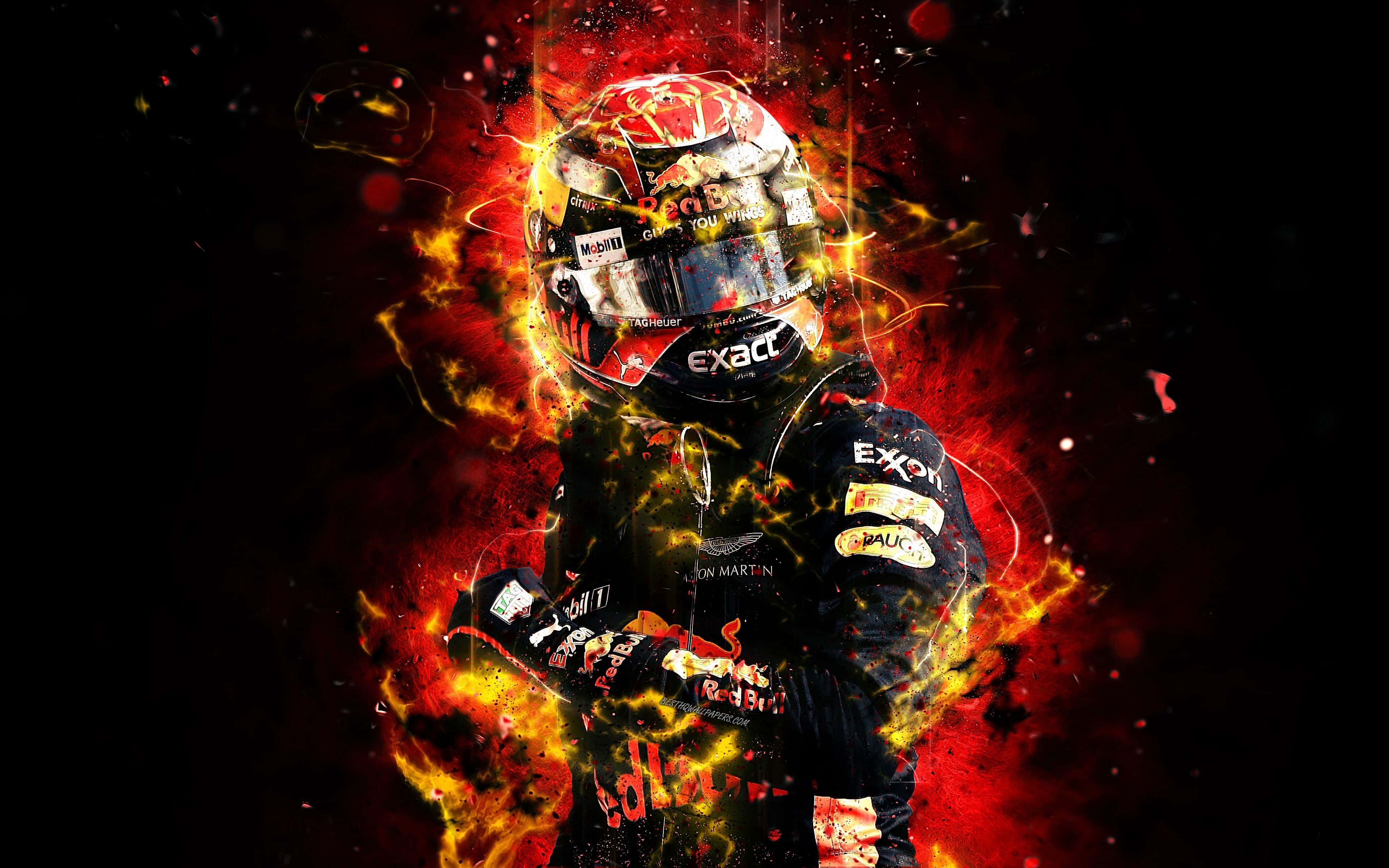 Max Verstappen 桌布 壁紙 — 一名身穿紅牛賽車服和頭盔的F1車手，在黑色背景中被熾熱的紅色和橙色火焰吞沒。